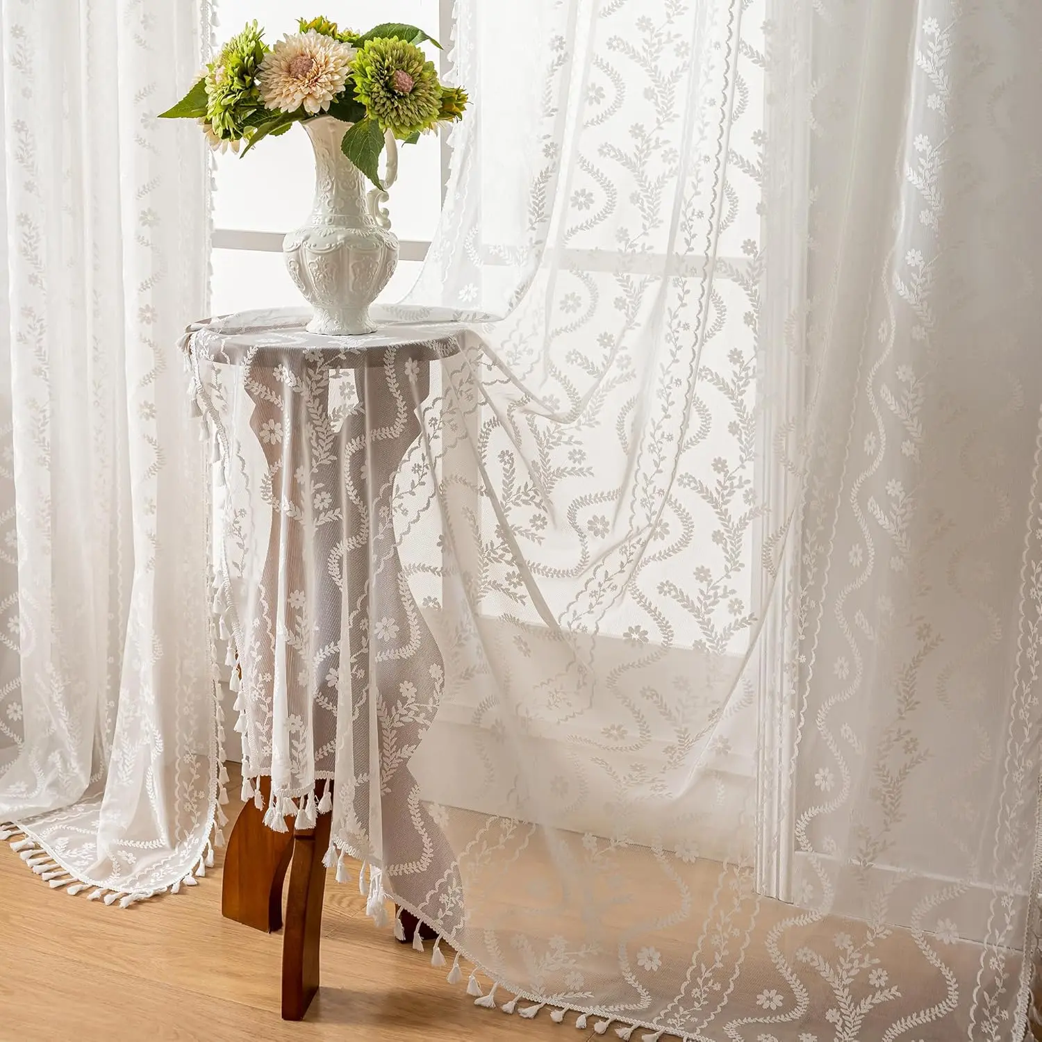 Boho Lace Curtains 2 Panels 63 Inches -Cute Vintage Victorian Sheer Panel Drape French Floral Pattern & Tassel Light Filtering Privacy for Bedroom Dining Living Room,White,W52x L63