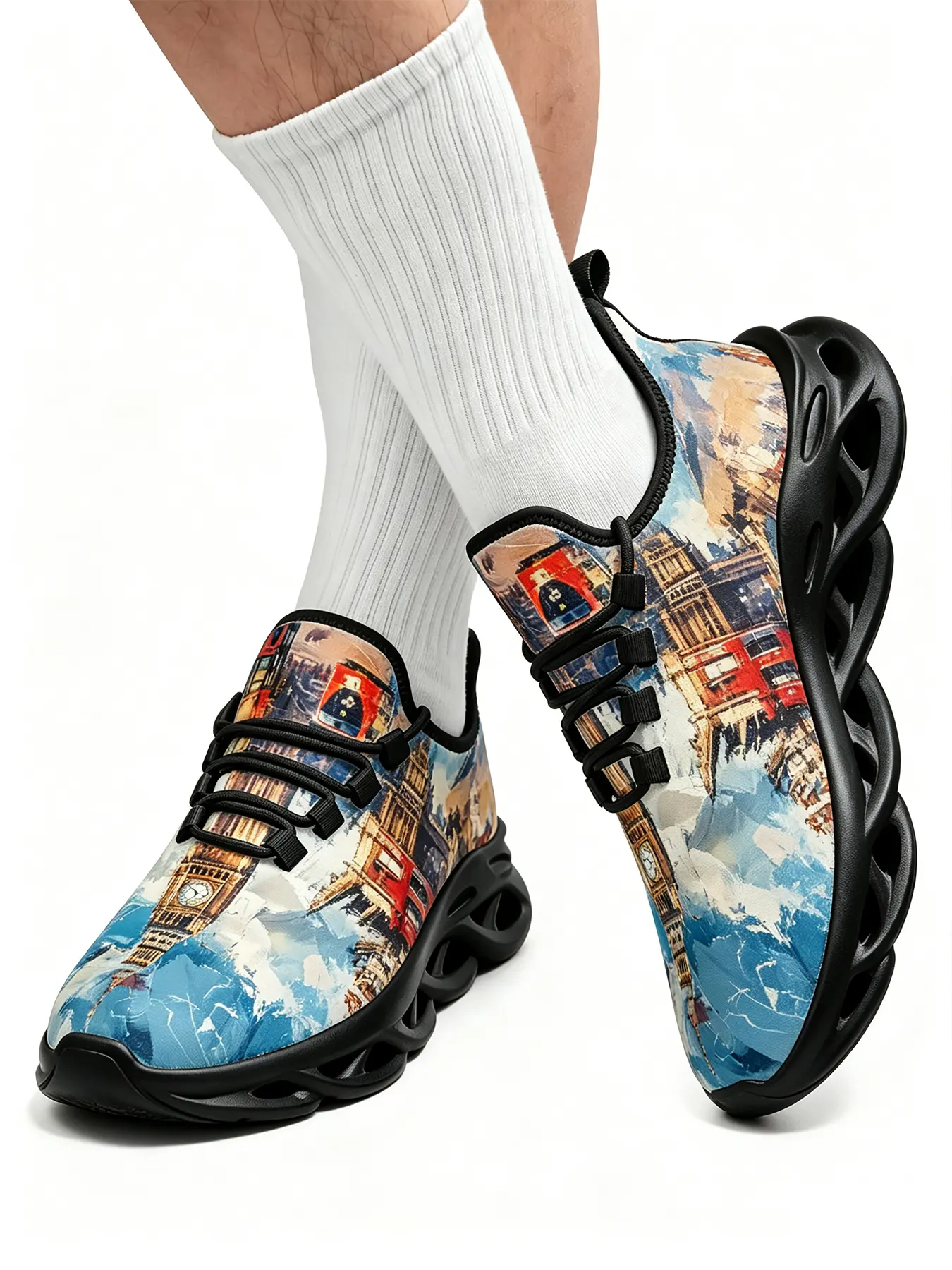 Watercolor Seaside Town Landscape Graphic Chunky Sneakers, Breathable Mesh Lace-Up Blade Sole Walking Shoes, Ocean Coastal Scenery Art Print Casual Trainers for Men Women Daily Wear Travel Vacation