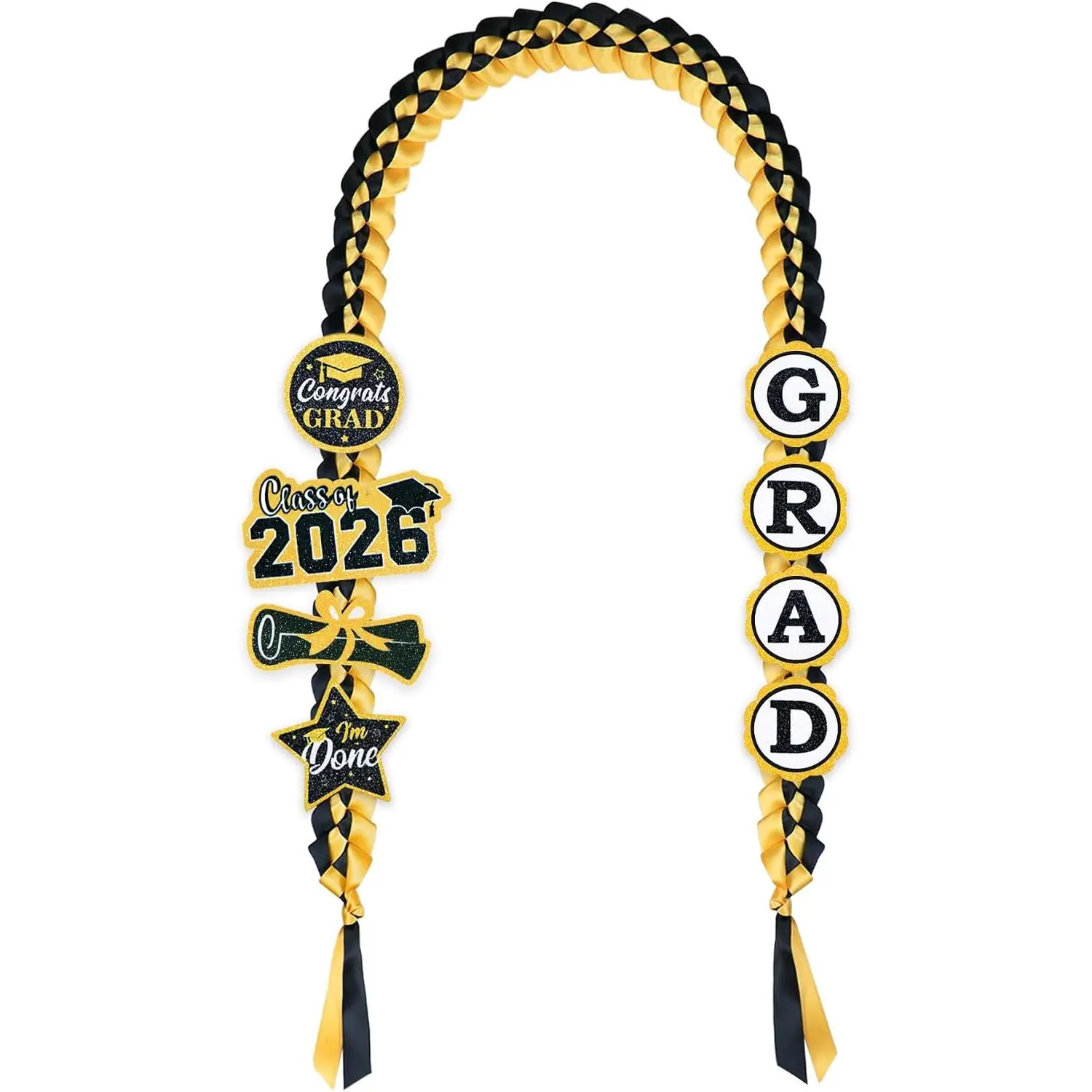 Graduation Leis 2026, Graduation  Leis  Double Braided Ribbon Lei with 8 Graduation Glitter Patches for Graduation Party Decorations (Graduation Lei, Black & )