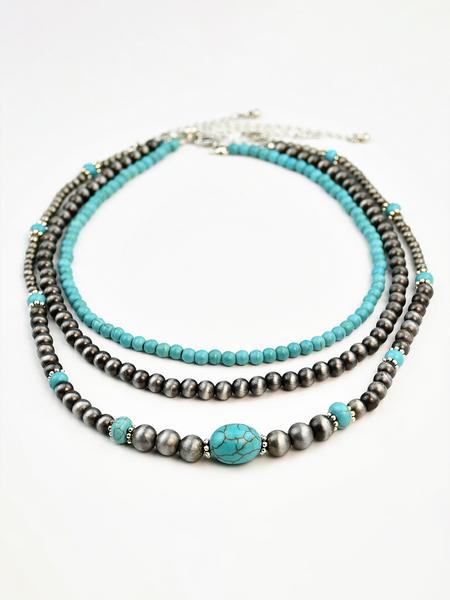 3pcs Vintage CCB Antique Lacquer Plated Beads Necklaces for Women, Synthetic Turquoise Jewelry Set, Elegant Western Style Modern Versatile Accessories