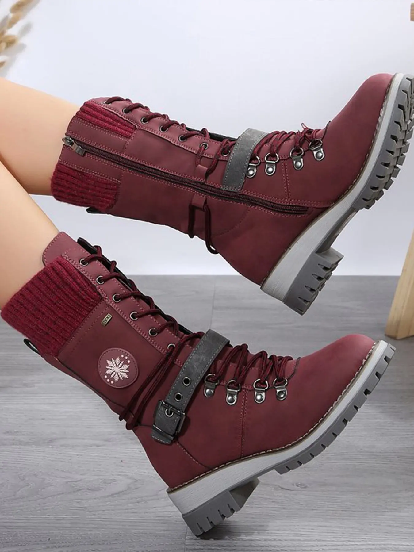 Women Winter Mid Calf Snow Boots, Faux Leather Knit Cuff Lace‑Up Combat Boots, Side Zipper Buckle Non‑Slip Block Heel Warm Outdoor Boots