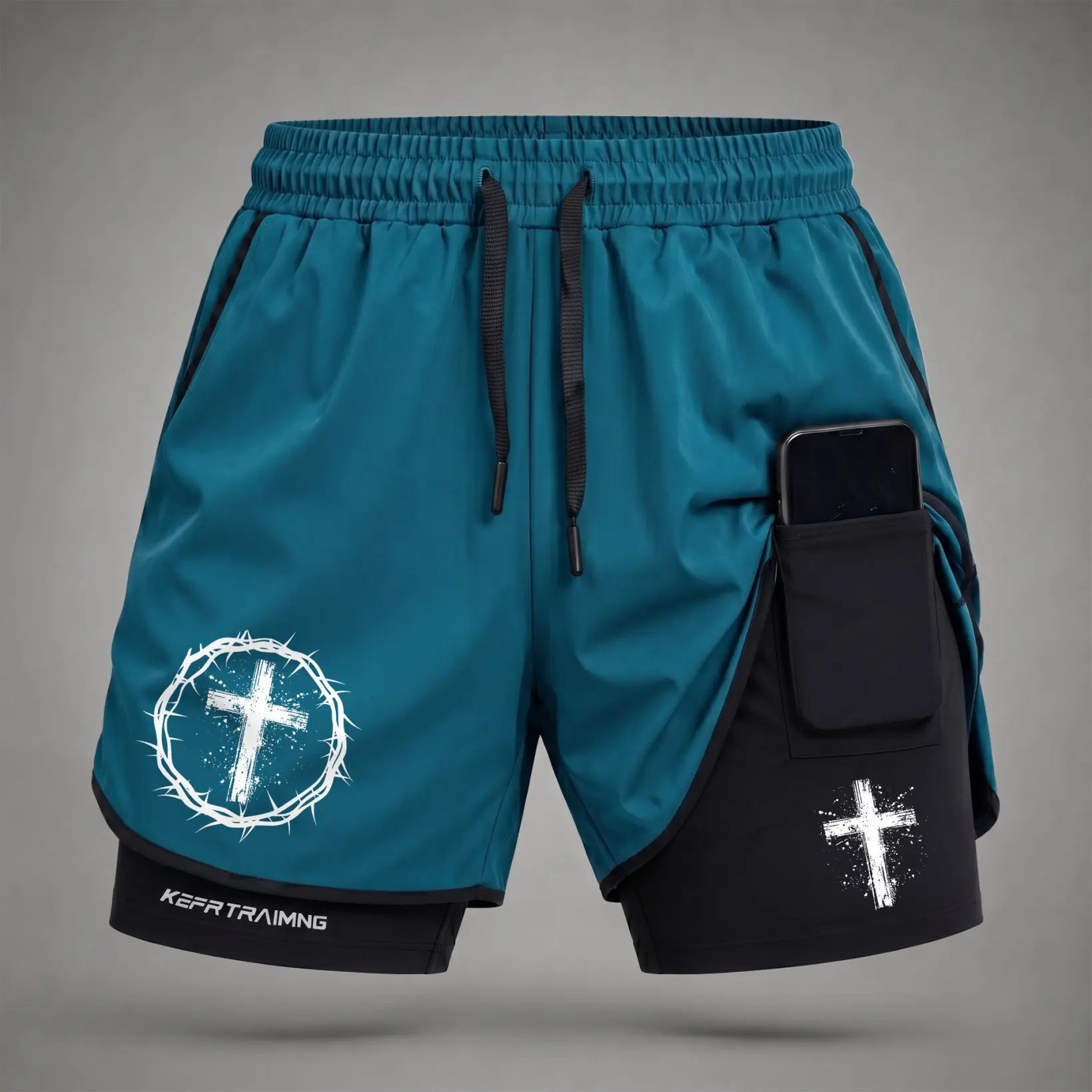 Men’s Crown of Thorns Cross Graphic Print 2-in-1 Athletic Shorts, Built-in Compression Liner, Secure Inner Phone Pocket, Elastic Drawstring Waist, Quick-Dry Gym Running Training Shorts for Summer Daily Wear