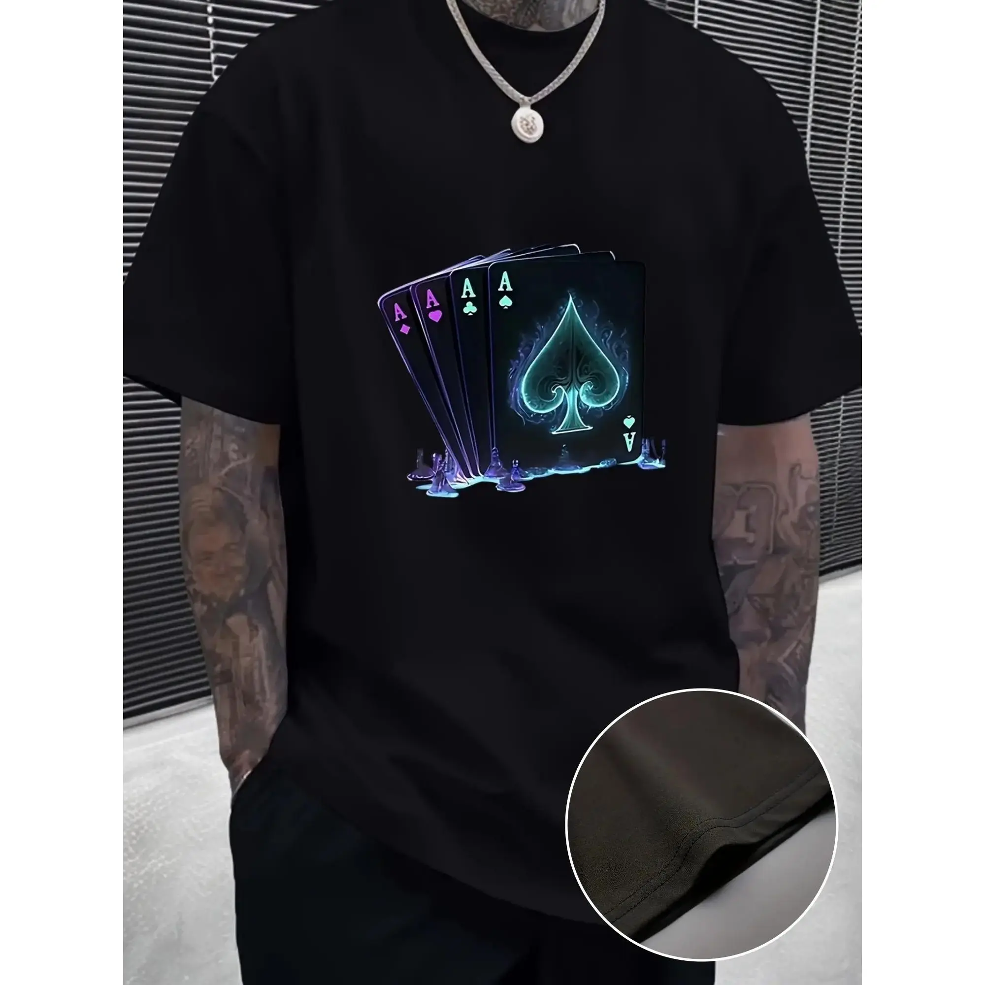 Poker A With Shining Heart Shaped Pattern Printed, Men's Round Neck Short Sleeved T-shirt, Casual, Comfortable And Lightweight Top For Summer Daily Wear