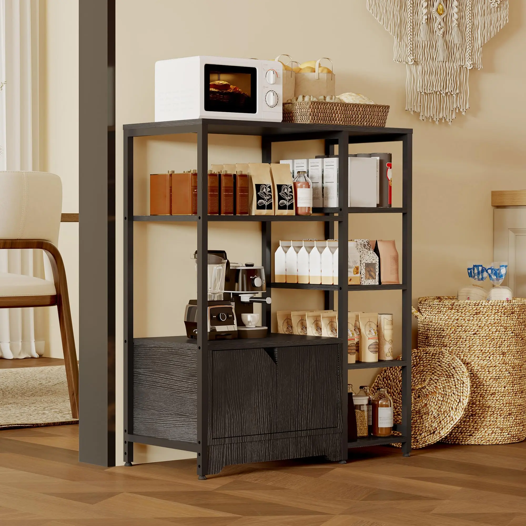 Bakers Rack with Storage Cabinet,5-Tier Coffee Bar with Shelves,Free Standing Farmhouse Microwave Oven Cart Stand,Kitchen Storage Shelf with Cabinet for Kitchen, Living Room,Garage