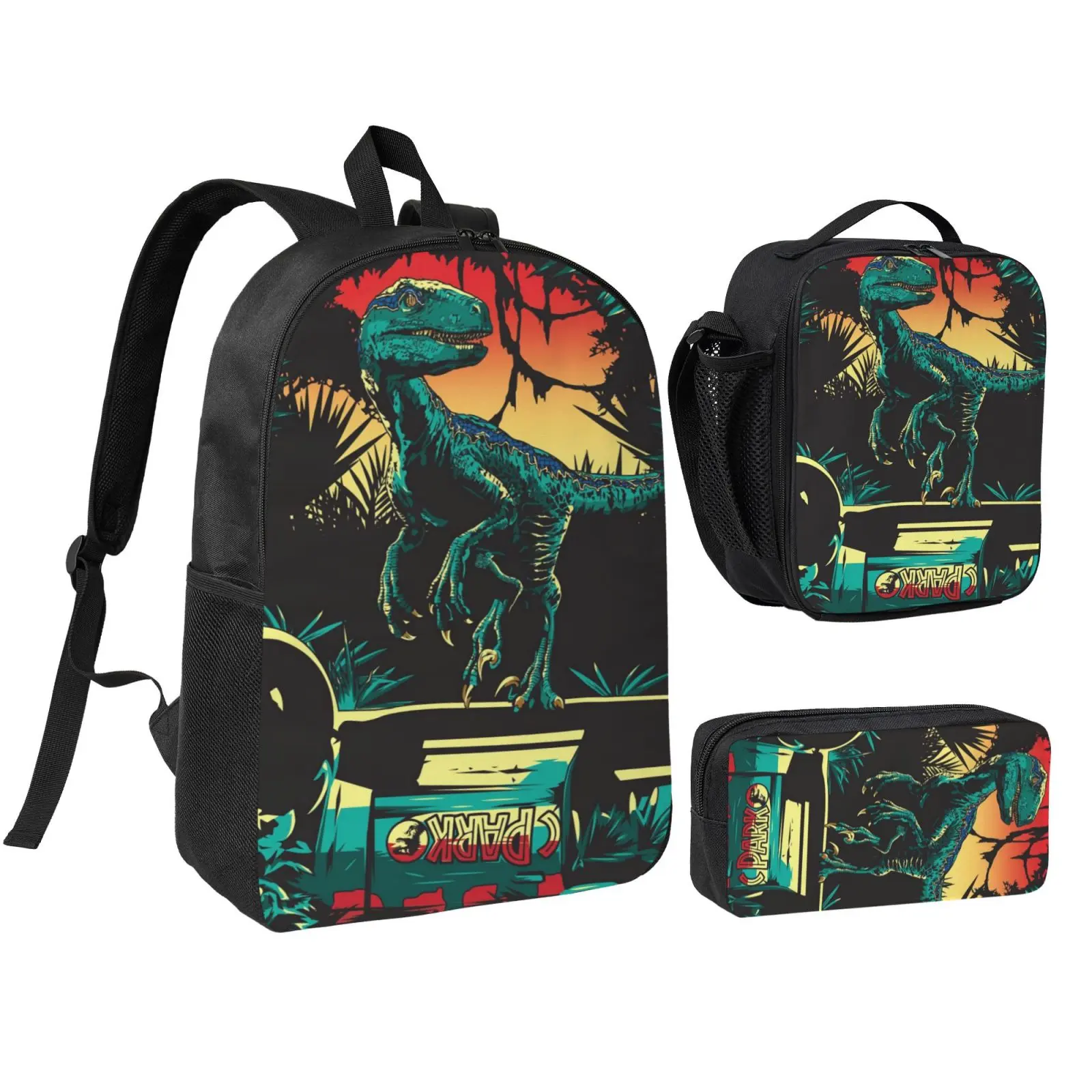 Unisex Jurassic Park 5 3-Piece Graphic Backpack Set for Teens - Reusable School Bookbag with Zip Lunchbox, Zip Pencil Case, Adjustable Straps, Foam Padding - Christmas Gifts, Birthday & Party Essentials