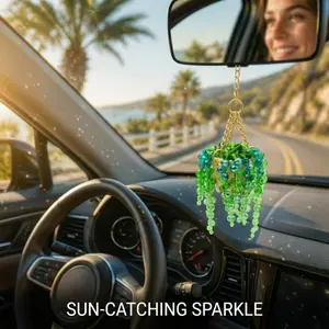 Beaded Plant Succulent Sun-Kissed Car Charm, Crystal Pearls Sun Catcher Hanger, Boho Rearview Mirror Accessories Car Garden Home Window Hanging, Car Hanging Decoration (1Pcs)