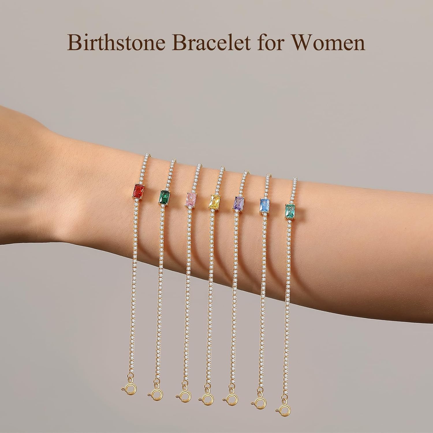 THE WELL KEPT Birthstone Bracelet for Women 14K Gold Plated Tennis Bracelet 2mm Fine Jewelry Birthday Christmas Day Gifts for Women Wife Girlfriend Her Mom Friend