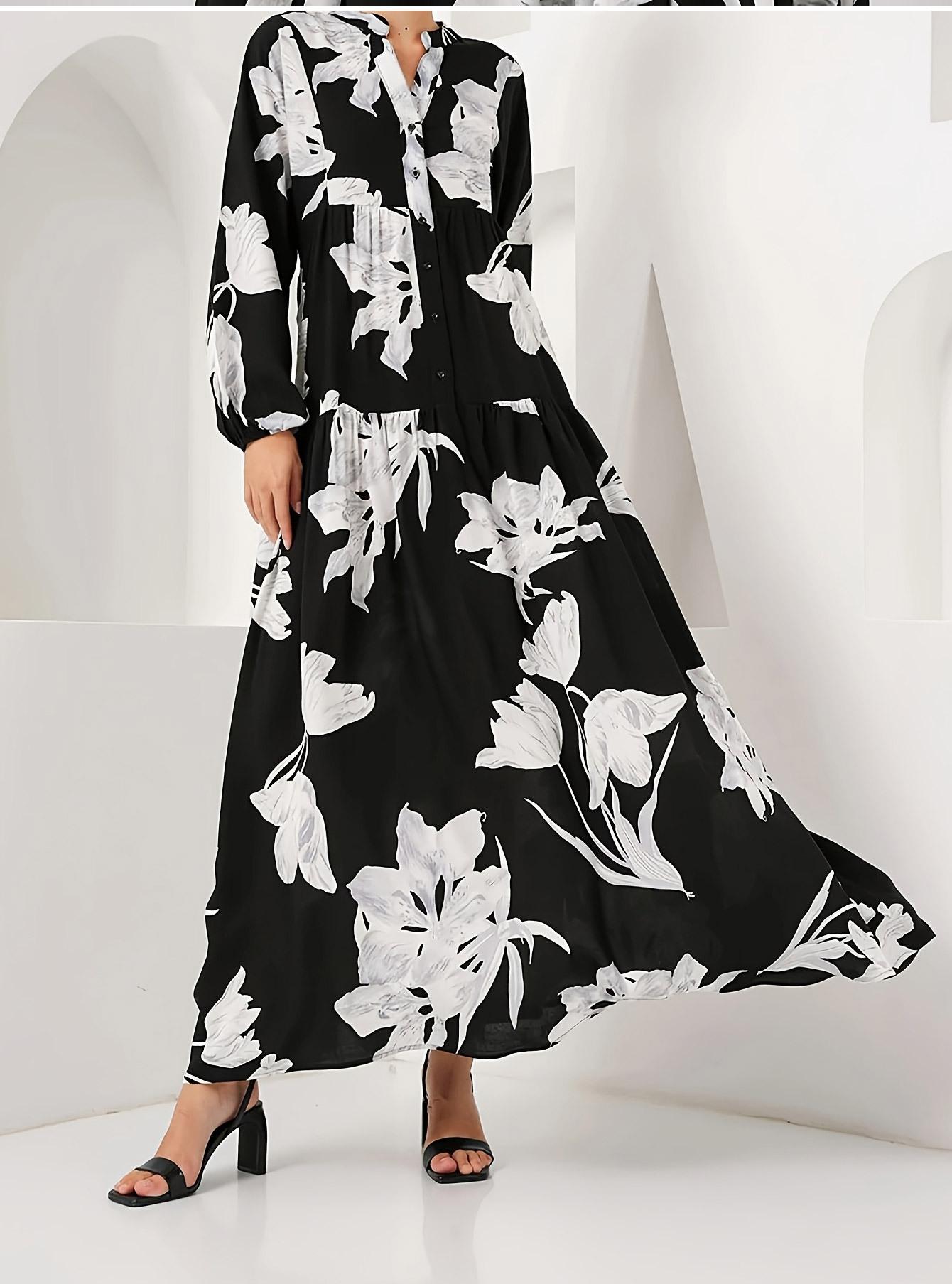 Arab Muslim Middle East Black Dress Elegant Temperament Noble Robe Flower Printed Long Shirt French