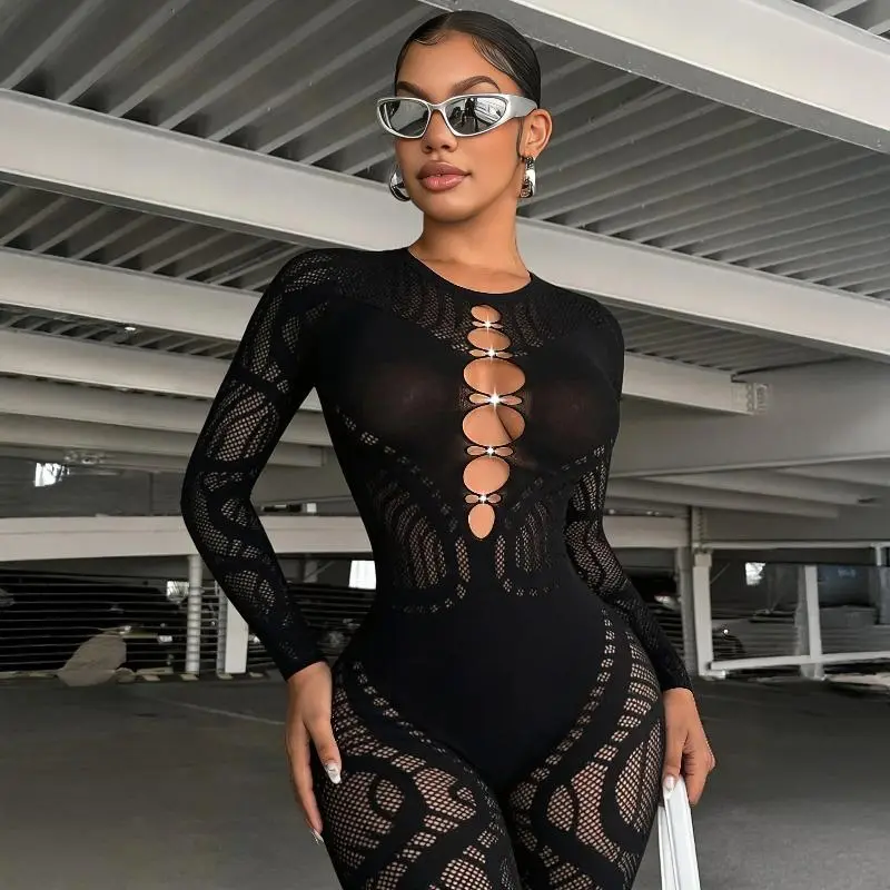 Women's Rhinestone Hollow High-Waist Thick Knit Outerwear Bodysuit, Lady's Basic Funky Romantic Tops, Fashion Bodysuit, High Waist Bodysuits