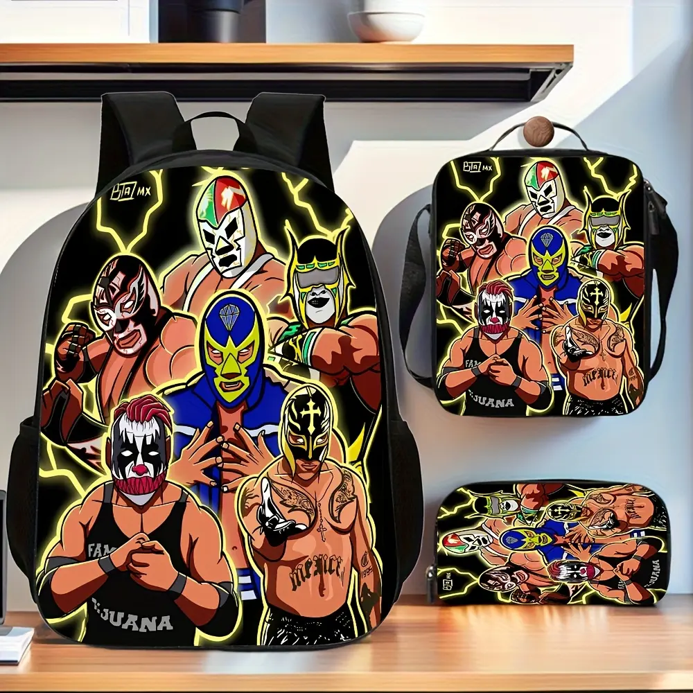 3PCS Water Resistant Backpack Set, Mexican Lucha Libre Masked Wrestlers Lightning Black Background Print Backpack Lunch Crossbody Bag Pencil Case 600D Oxford Lucha Underground Fans Student Daily Kit