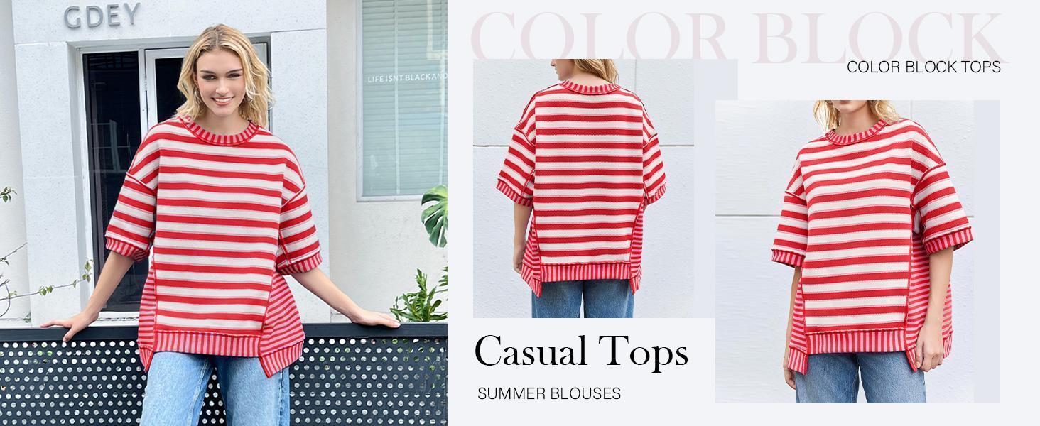 Imily Bela Womens Oversized Striped Shirt Summer Half Sleeve Tops Crew Neck Sweatshirts Casual Blouse