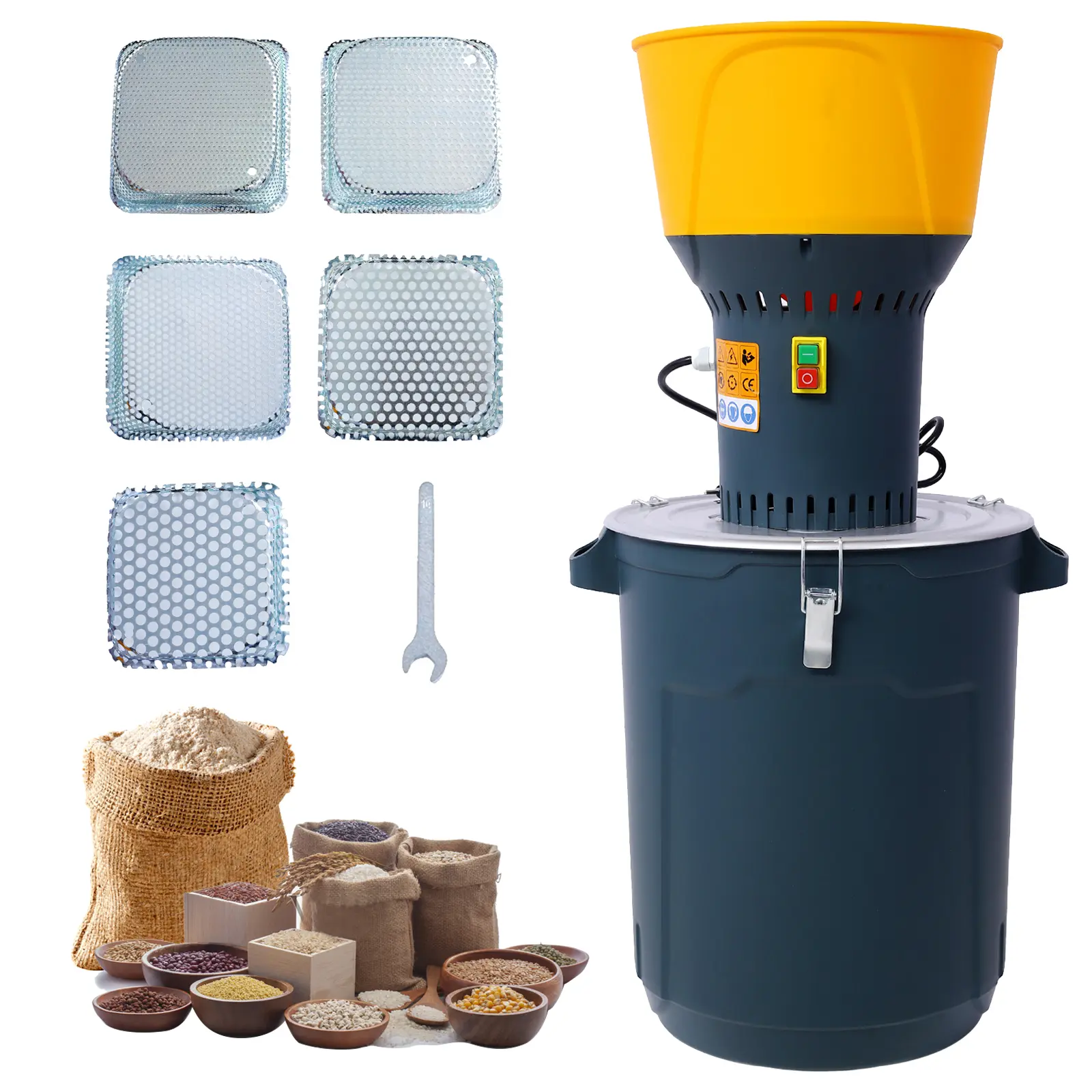 Nokaa Electric Grain Mill Grinder 50L Capacity Corn Grinder for Farm Home Use, Steel Feed Mill for Wheat Rice Barley Oats Rye Millet Sorghum, 5 Grinder Sieves + Wrench, Dark Gray, Livestock Feed Crusher
