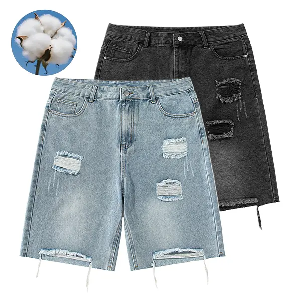 Men’s Cotton Distressed Ripped Denim Knee-Length Shorts, Loose Vintage Frayed Hem Casual Bottoms, Streetwear Essential to Match Knit Sweater for Edgy Daily Summer Outfits and Trendy Mensfashion