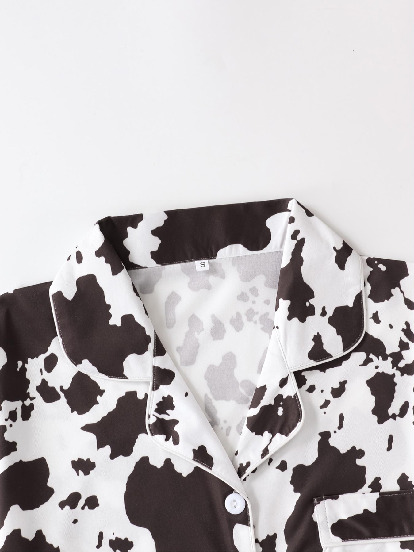 Women's Cow Print Notched Neck Crop Shirt & Shorts Pajama Two-piece Set, Elegant Comfy Short Sleeve Top & Shorts PJ Set, Ladies Sleepwear for All Seasons, Casual Sleepwear Set