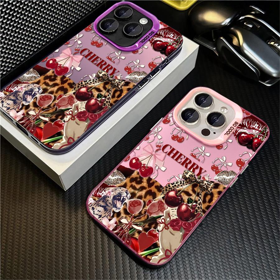 Cherry leopard print bow heart phone case, shockproof hard shell, featuring a vintage girl style design, ideal for gifting, suitable for iPhone 17/16/15/14/13/12/11/X/XS/XSMAX/XR/7P/8P/16E/17E