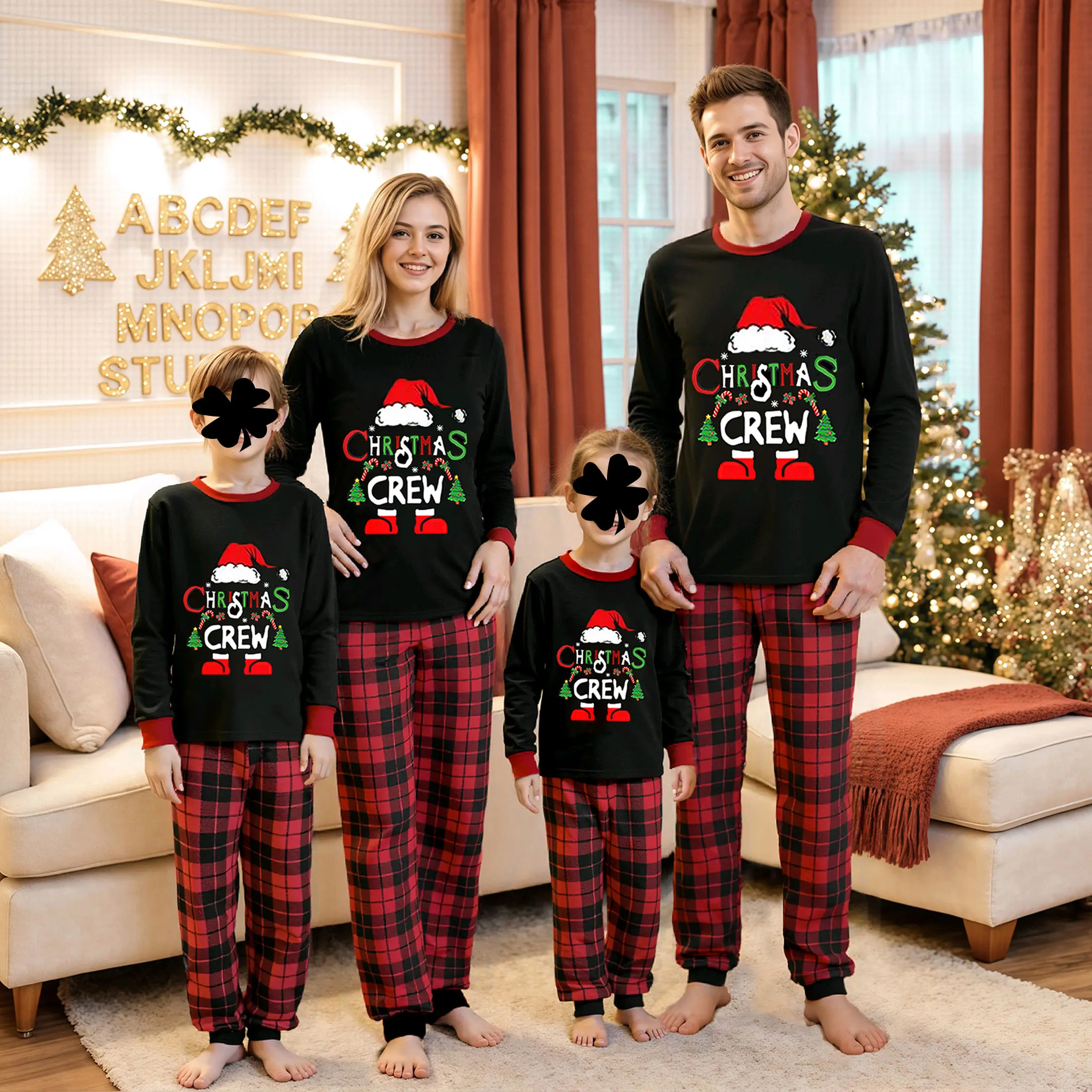 Matching Family Christmas Pajamas Set Santa Christmas Crew Print Long Sleeve Top Red Buffalo Plaid Pants Soft Holiday Sleepwear