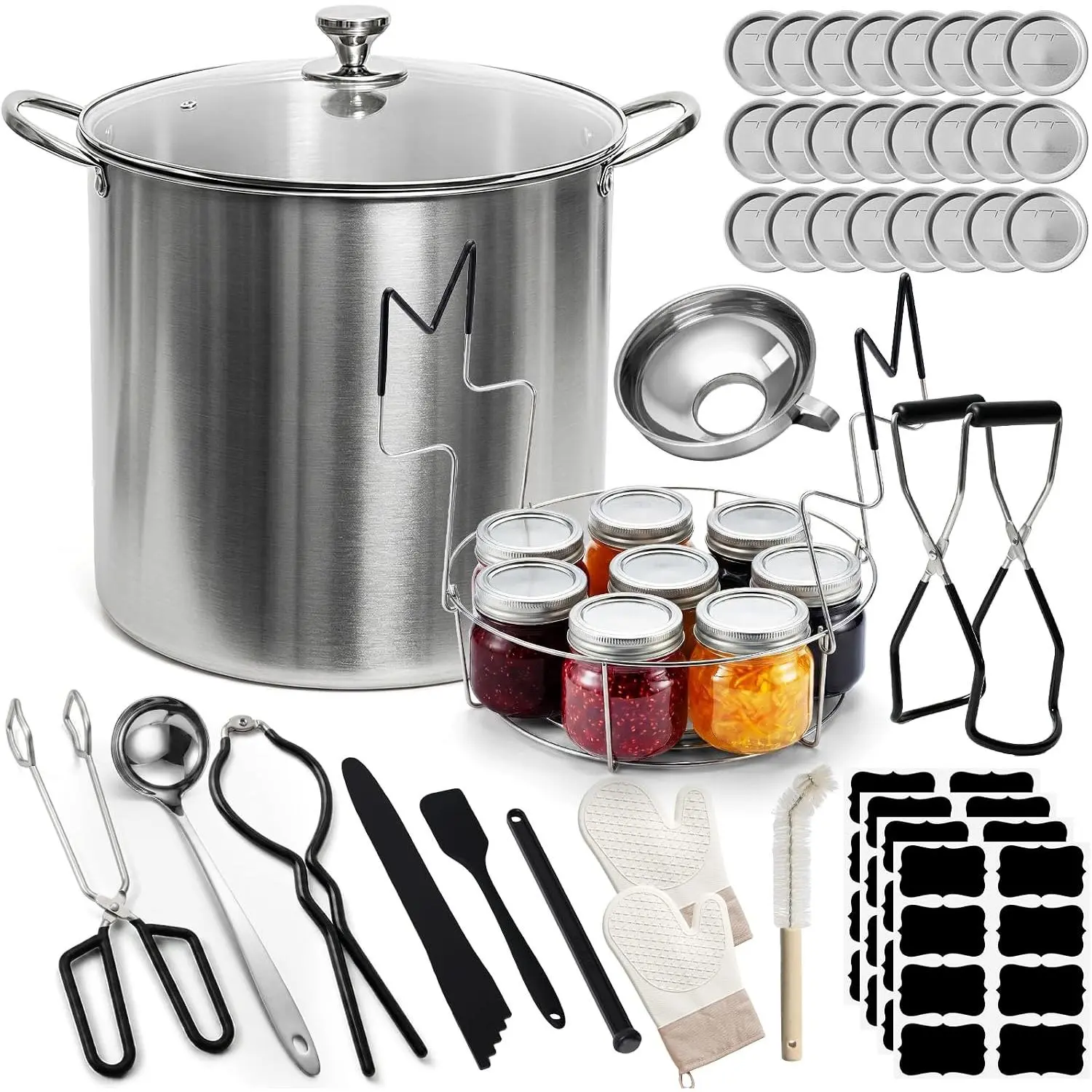 21.5QT Stainless Steel Water Bath Canning Pot Kit with Rack, Lid, 8 Glass Mason Jars, 24 Extra Flat Lids & Utensils - Beginner Canning Starter Set for Jam Making