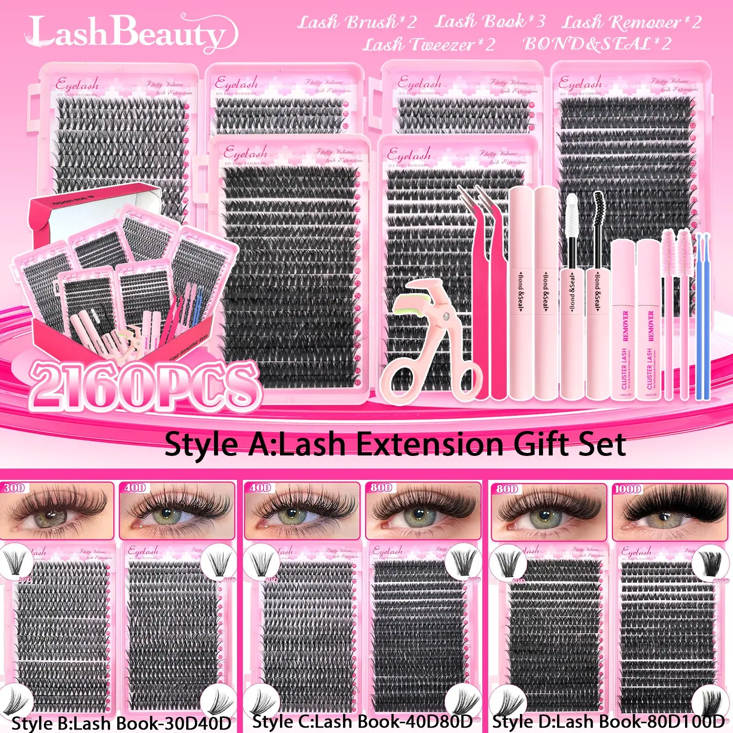 Eyelash Extension Gift Set, Lashes Extension Kit, 30D40D Natural, 40D80D Natural & Volume Styles, Comes with Glue, Remover, Tweezers & Brush, Easy to Apply, Enhances Eyes, Long-Lasting, Lightweight & Soft, Perfect for Daily Glam, DIY Volume Eyelashes