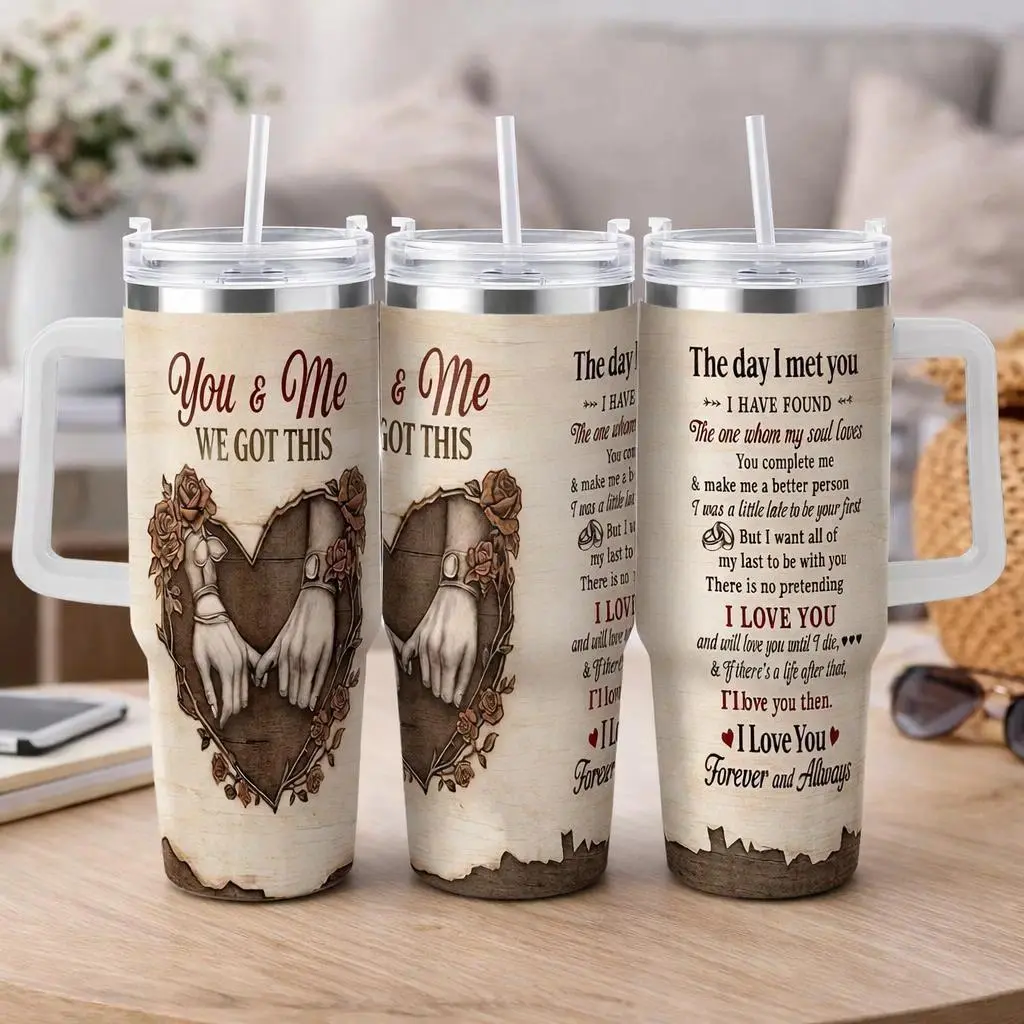 "You & Me" Romantic Theme Insulated Stainless Steel Water Bottle - 40 oz Leak-Proof Durable Tumbler with Joined Hands, Roses, Hearts Design, Ideal for Anniversary, Wedding, Valentine's Day Gifts, Water Bottles