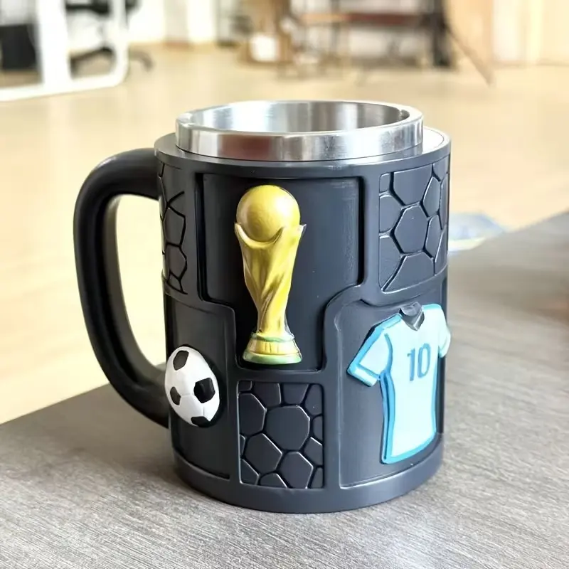Football Match Coffee Cup, Customizable Gift for Football Fans, Large Capacity 10.14oz, Stainless Steel Lining, 3D Embossed Design