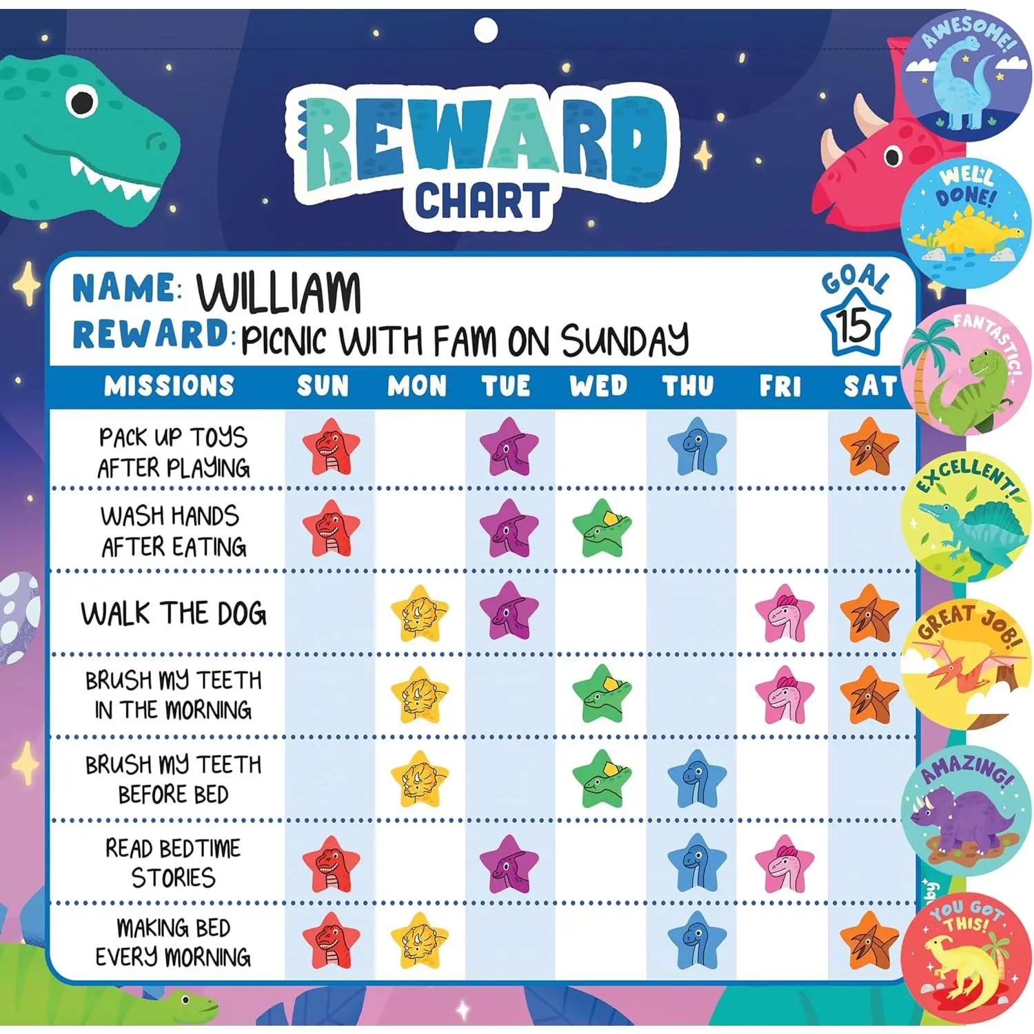 Chore Chart for  – Dinosaur  Chart for  Behavior at  & Classroom,  Dry Erase Sticker Chart,  Morning Routine Responsibility Board