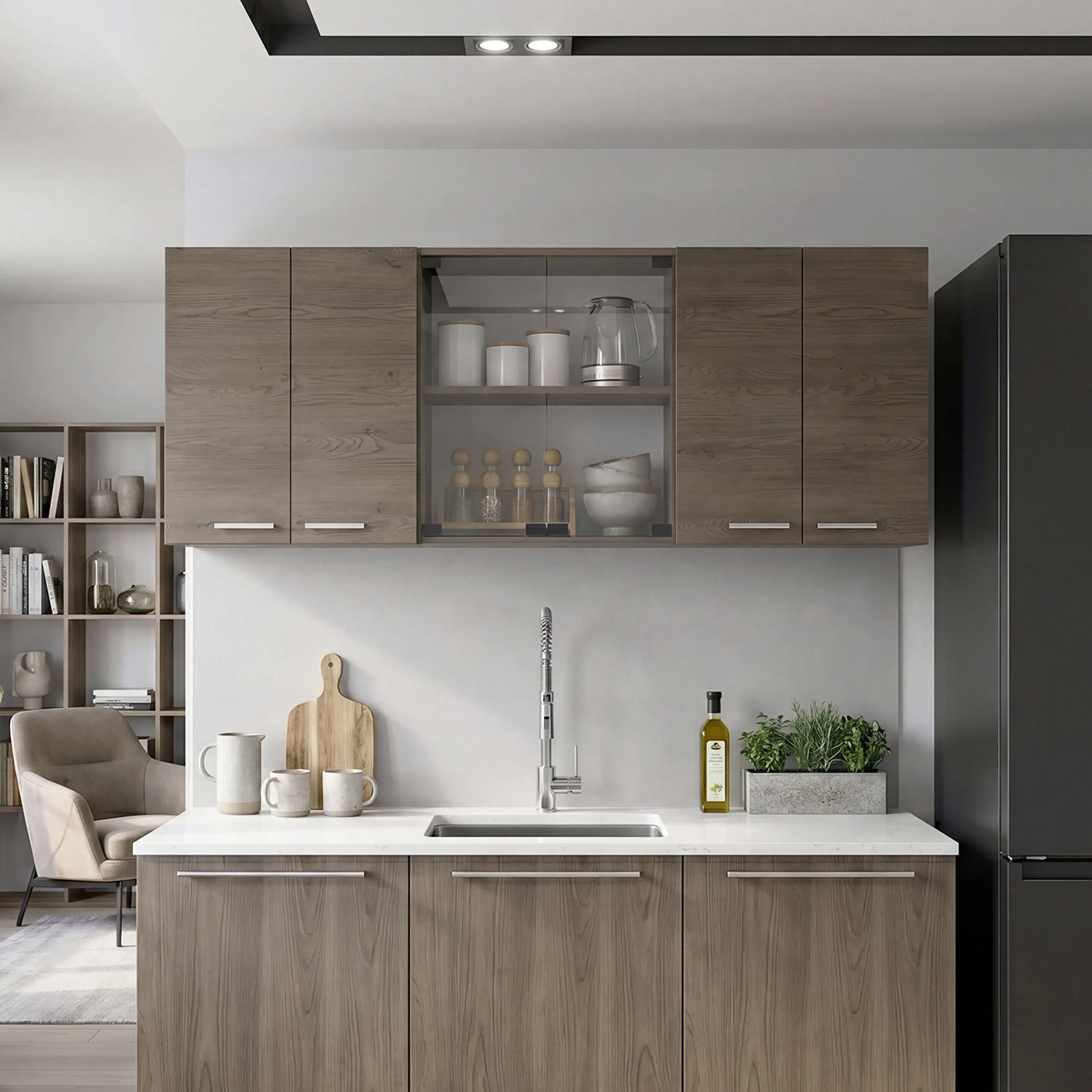 Nokaa Wall Mounted Kitchen Cabinet with 6 Doors, Glass Display & Built-In Dish Drying Rack, 4 Shelves, Particle Board Natural Wood Wash Finish, Over Counter Organizer for Dishes Cups Pantry, Modern Wall Storage Unit