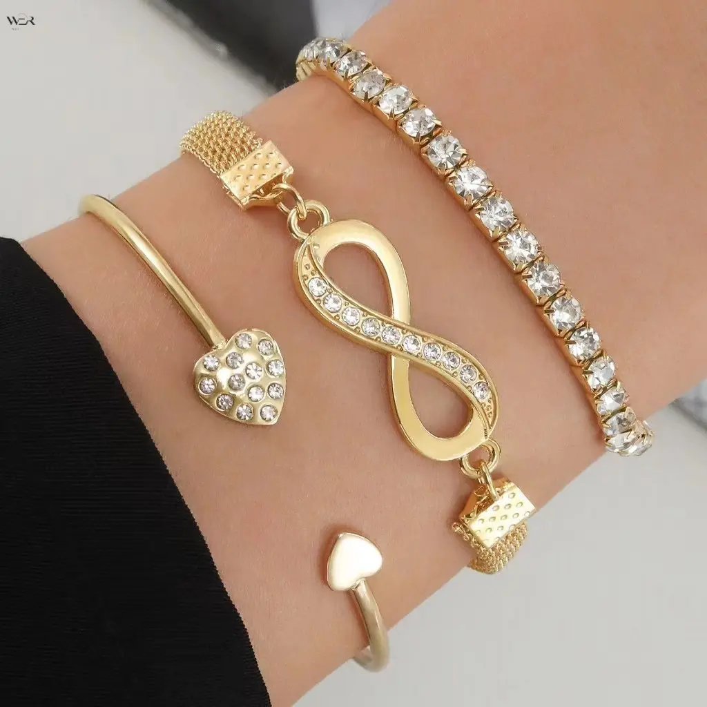 3Pcs Multi Layer Stackable Bracelet Set 4 Style Options Infinity Butterfly Heart Rhinestone Tennis Chain Cuff Bangle Gold Silver Tone Adjustable Mesh Wrist Jewelry Daily Women Fashion Matching Gift