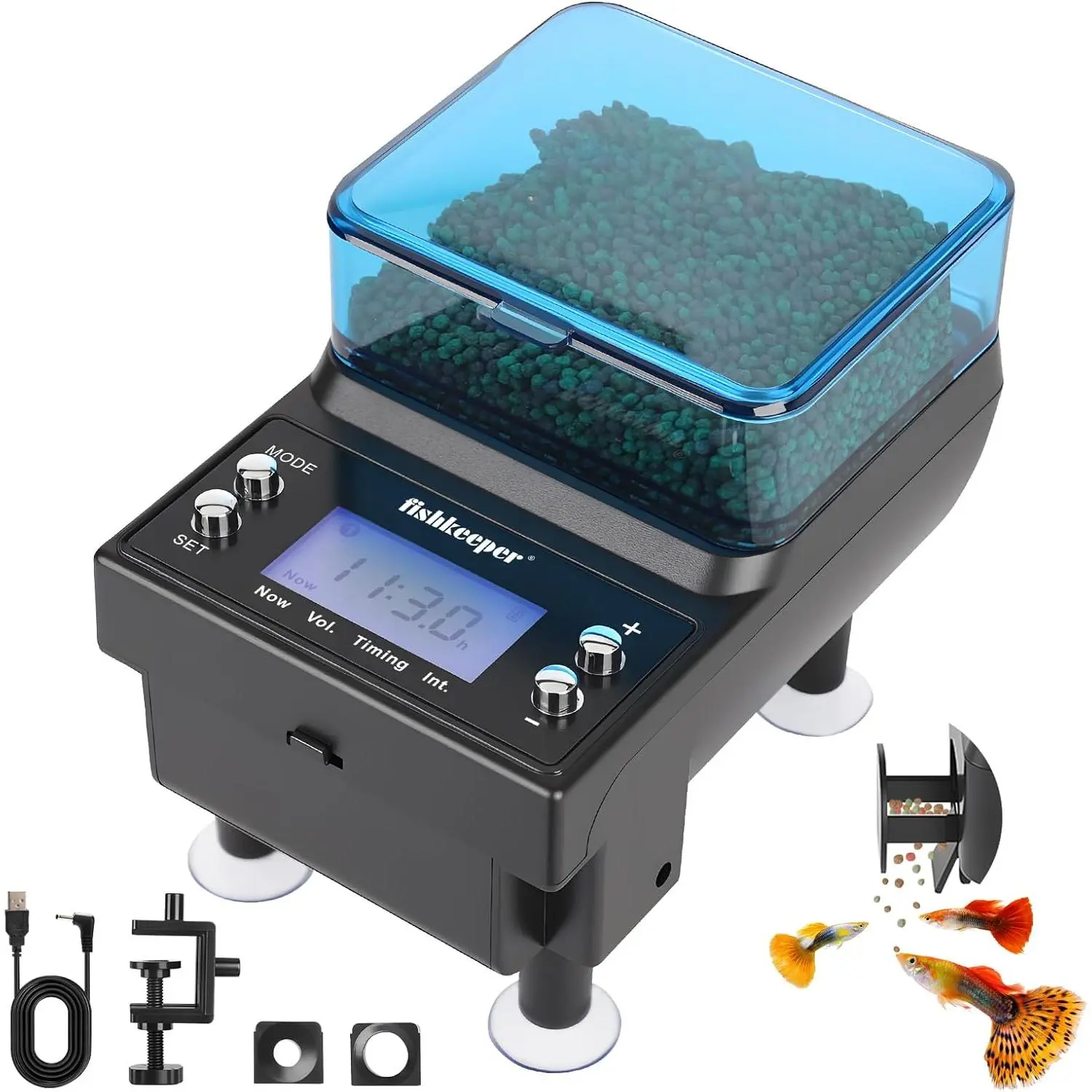 Rechargeable Auto Feeder with Digital UI, 230ml Dispenser for Pellets & Flakes, 800mAh Battery with 120-Day Life for Vacation Care of Tropical Fish, Bettas & Turtles, Automatic Rechargeable Fish Feeder, 120 Days Battery Life, Batteries, 3 Feeding Modes