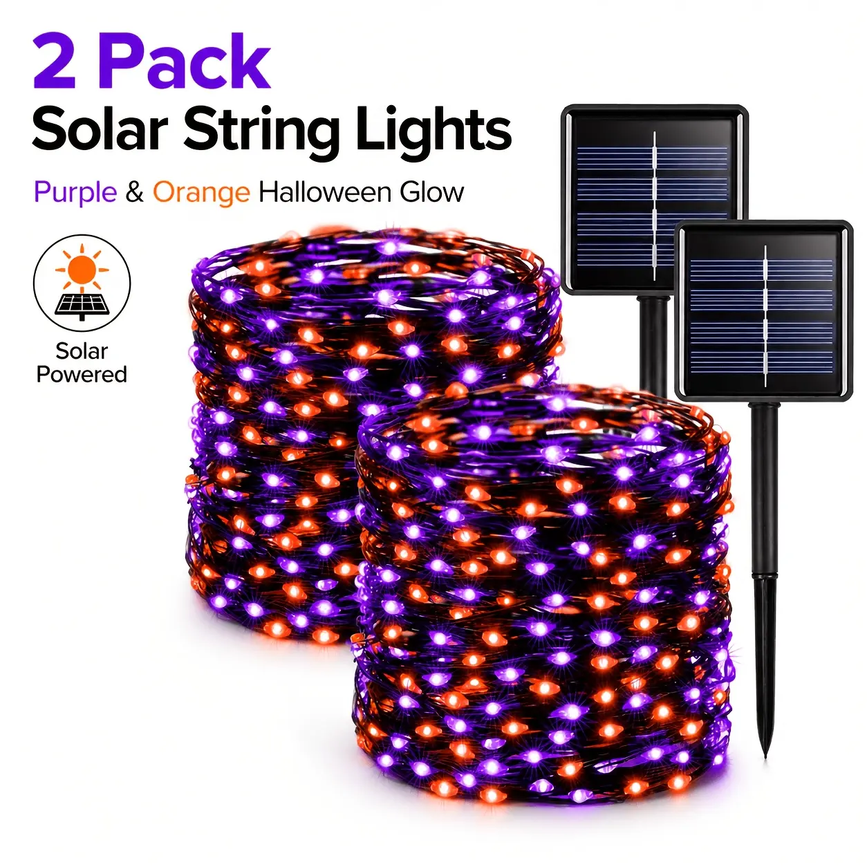 2-Pack Outdoor Solar Copper Wire String Lights, 480LED Warm Orange Ambient Glow Fairy Lights, IP44 Waterproof, 8 Lighting Modes, Plastic Composite, Ideal for Garden, Porch, Halloween Pumpkin Decorations, Solar Lights, Two Packs