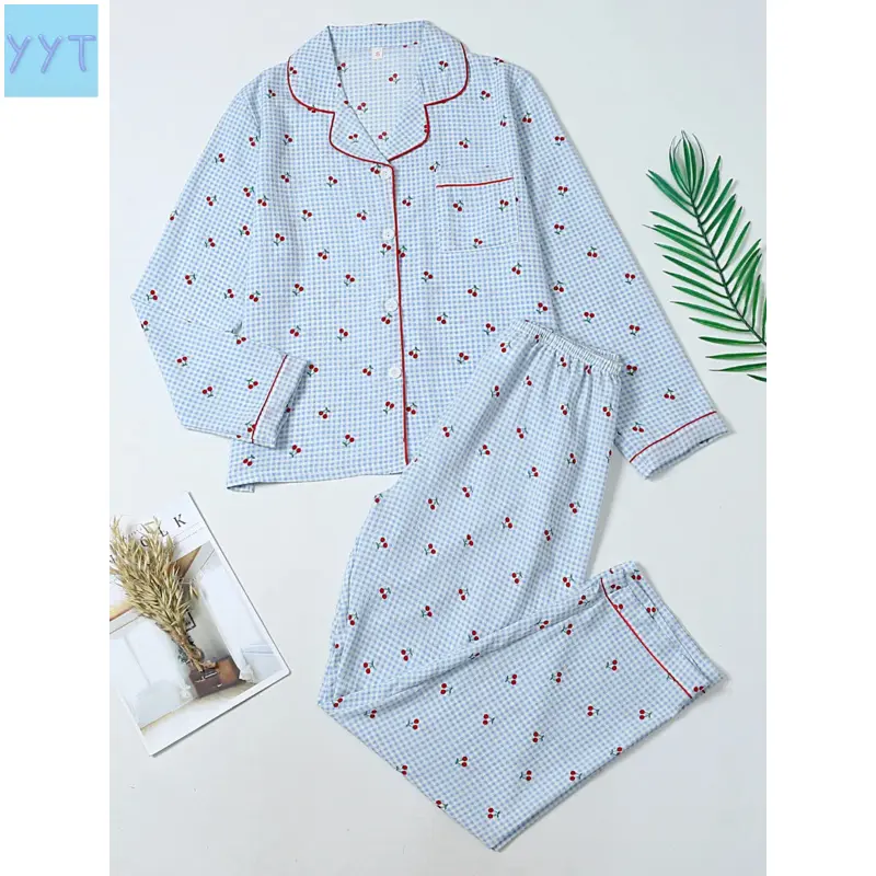 YYT1 Women's Two-Piece Pajama Set, Pjs, Casual Comfortable Lapel Pocket Woven Long Sleeve Shirt & Elastic Waist Pants, All-Season Striped Heart Print Sleepwear Loungewear Homewear, Love Print Sleepwear