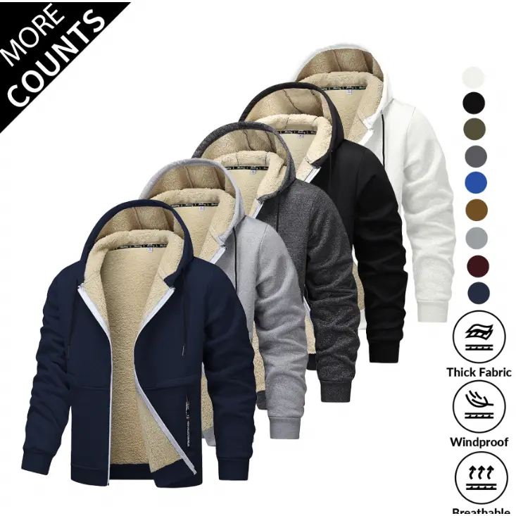 Men's Thick Loose Sherpa-Lined Hooded Fleece Jacket - Full-Zipper, Casual Comfy, Solid Fleece, Polyester, Warm Windproof Outerwear with Pockets for Outdoor Hiking (2XL, 3XL)