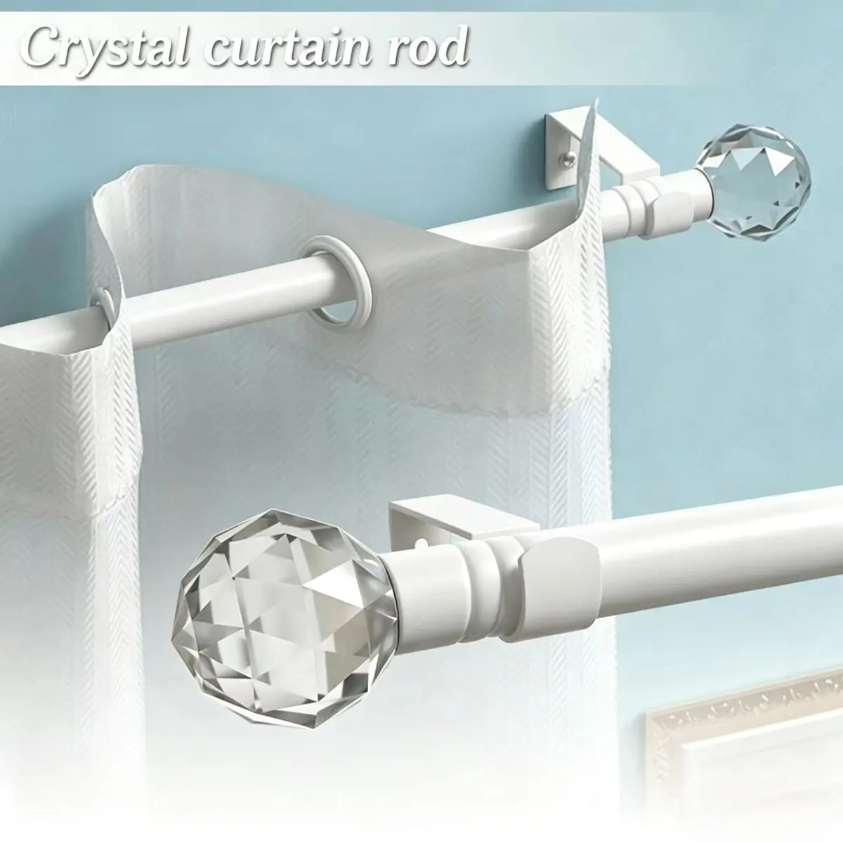 Luxury White Decorative Single Curtain Rod Set with Crystal-clear Faceted Finials, 32-155 in, Standard Single Drapery Rod for 1 Pack, 5/8 in diameter, Adjustable for Small to Large Windows, Sliding Doors & Patio Curtains