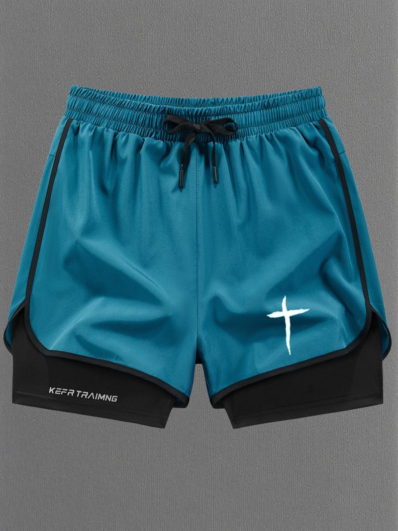 Men Women Regular Fit 2-In-1 Drawstring Waist Sport Shorts, Summer Pocket Print Casual Half Yoga Exercise Shorts, Fashionable Daily Wear