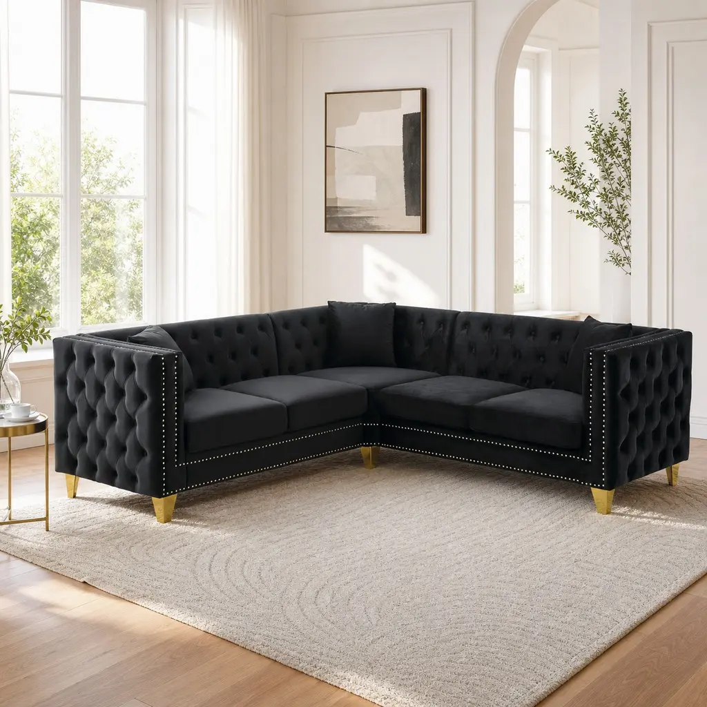 ARCH 82.2in Classic Velvet L-Shaped Chesterfield Sectional Couch - 5-Seat Living Room Decor Sofa, 3 Cushions, Deep Button Tufted, Hand-Applied Nailhead Trim, Solid Wood Frame, Foam Filled, 188.00 lb