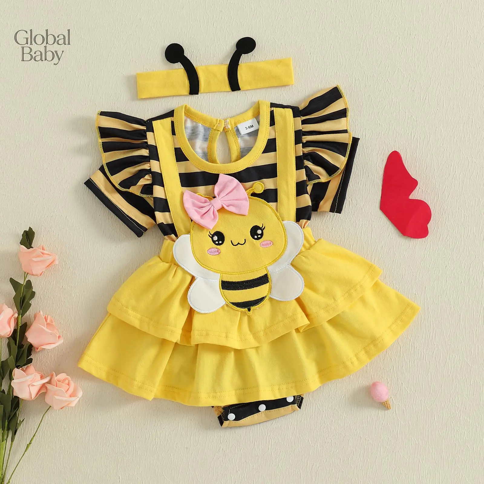 Newborn Baby Girl Bee Costume Romper Set, Striped Fly‑Sleeve Onesie, Cute Cartoon Bee Applique Layered Ruffle Skirt Romper with Bee Antenna Headband, Halloween Cosplay Party