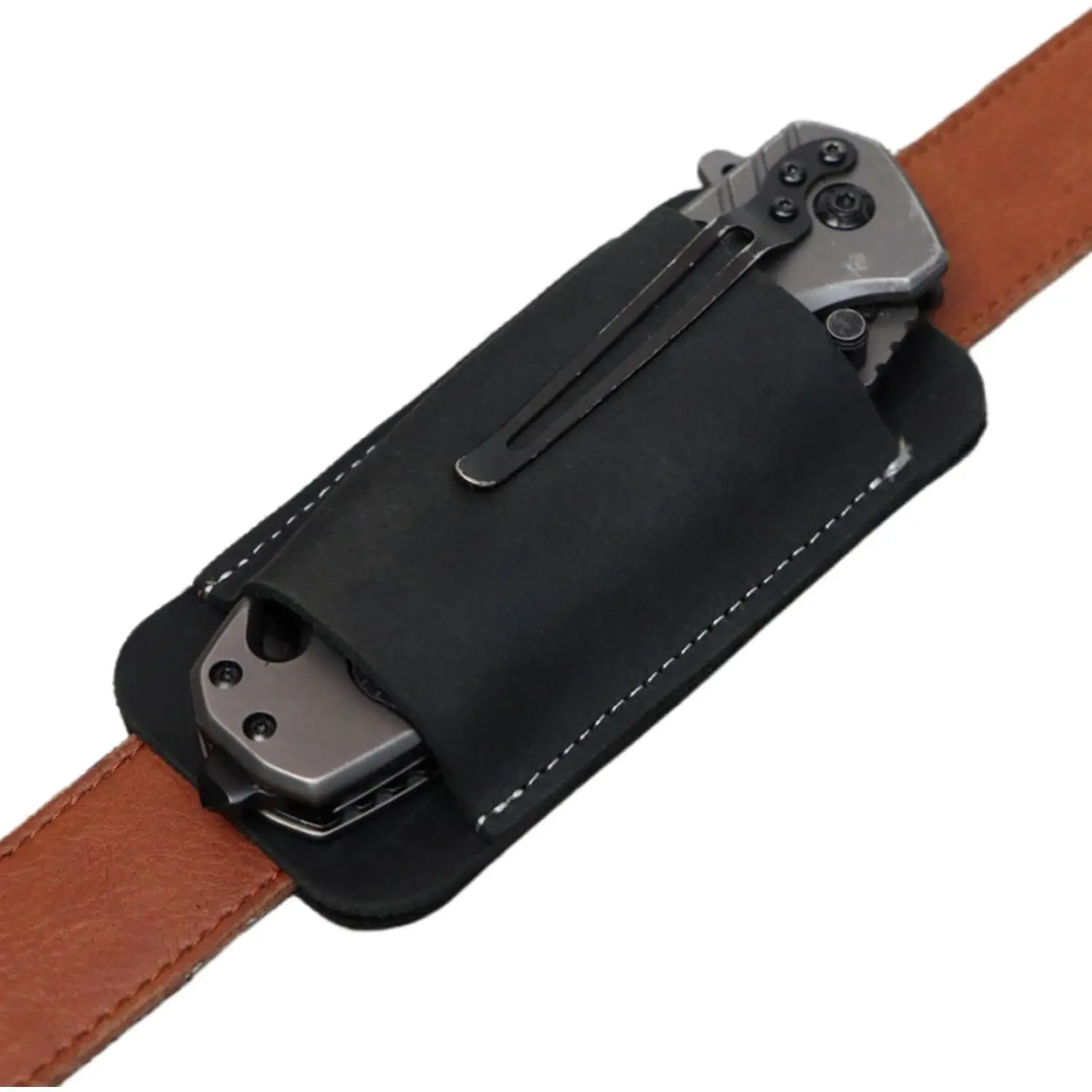 Leather Knife Sheath, Horizontal Carry Knife Sheath for Belt, Pocket Knife Holster, EDC Pocket Belt Pouch Organizer for Men, Open Bottom Design (Black)