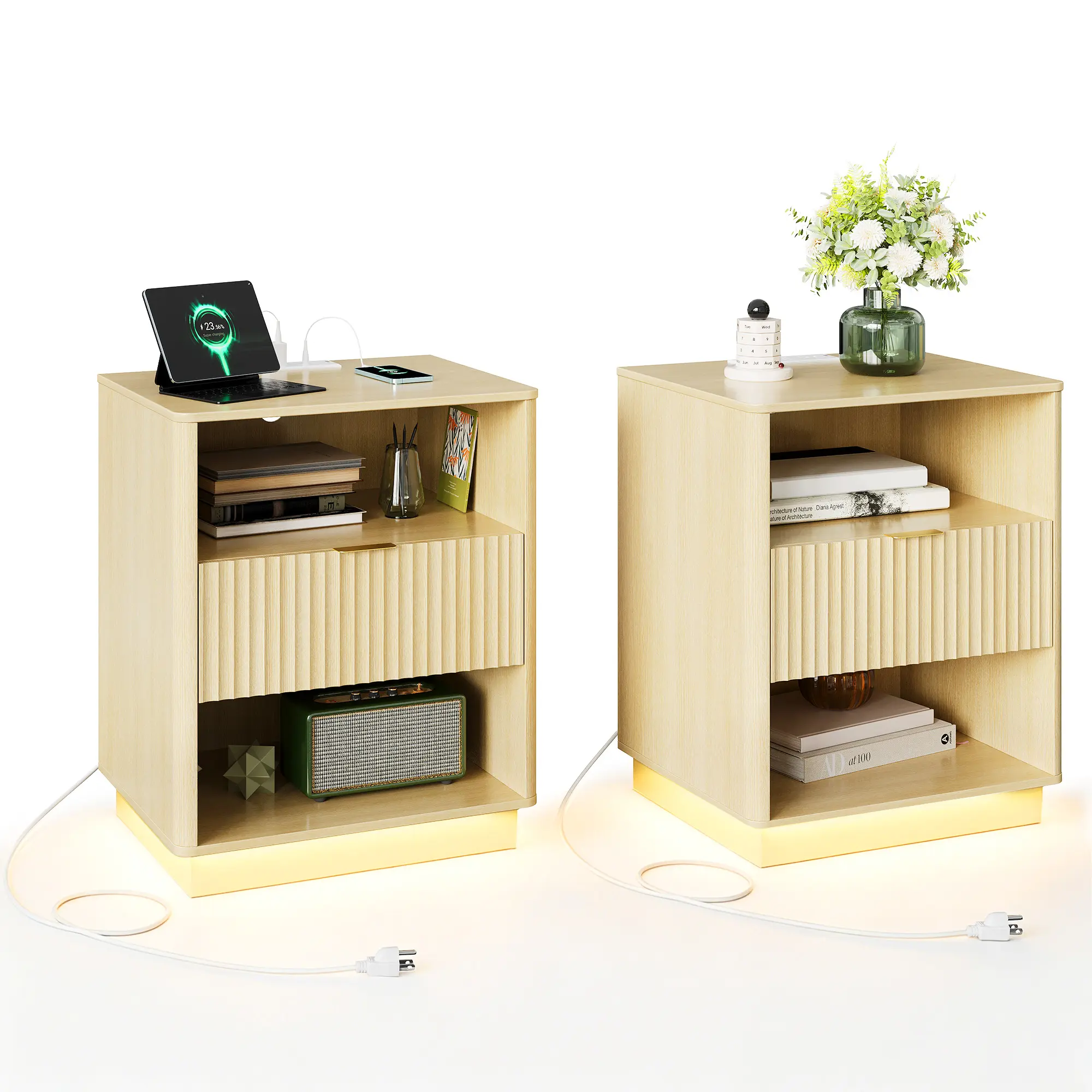 Set of 2 Fluted Wooden Nightstands with Drawer, LED Light & Charging Station - Modern Mid Century Bedside Tables - End Tables for Bedroom or Living Room - Natural Oak Look, White