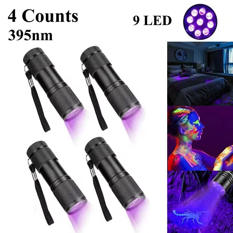 4-Pack 9led 395nm UV Flashlight for Pet Urine Mite Detection, Carpet Cleaning, Scorpion Check, Hygiene Inspection, No Battery Included