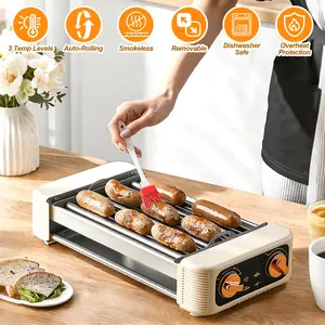 3-in-1 Electric Hot Dog Roller Grill, 6-Roller Hot Dog Cooker with Grill & Griddle, Nonstick Smokeless Countertop BBQ Machine, 3 Temperature Levels for Sausages, Burgers, Skewers & Vegetables,Sports & Outdoors