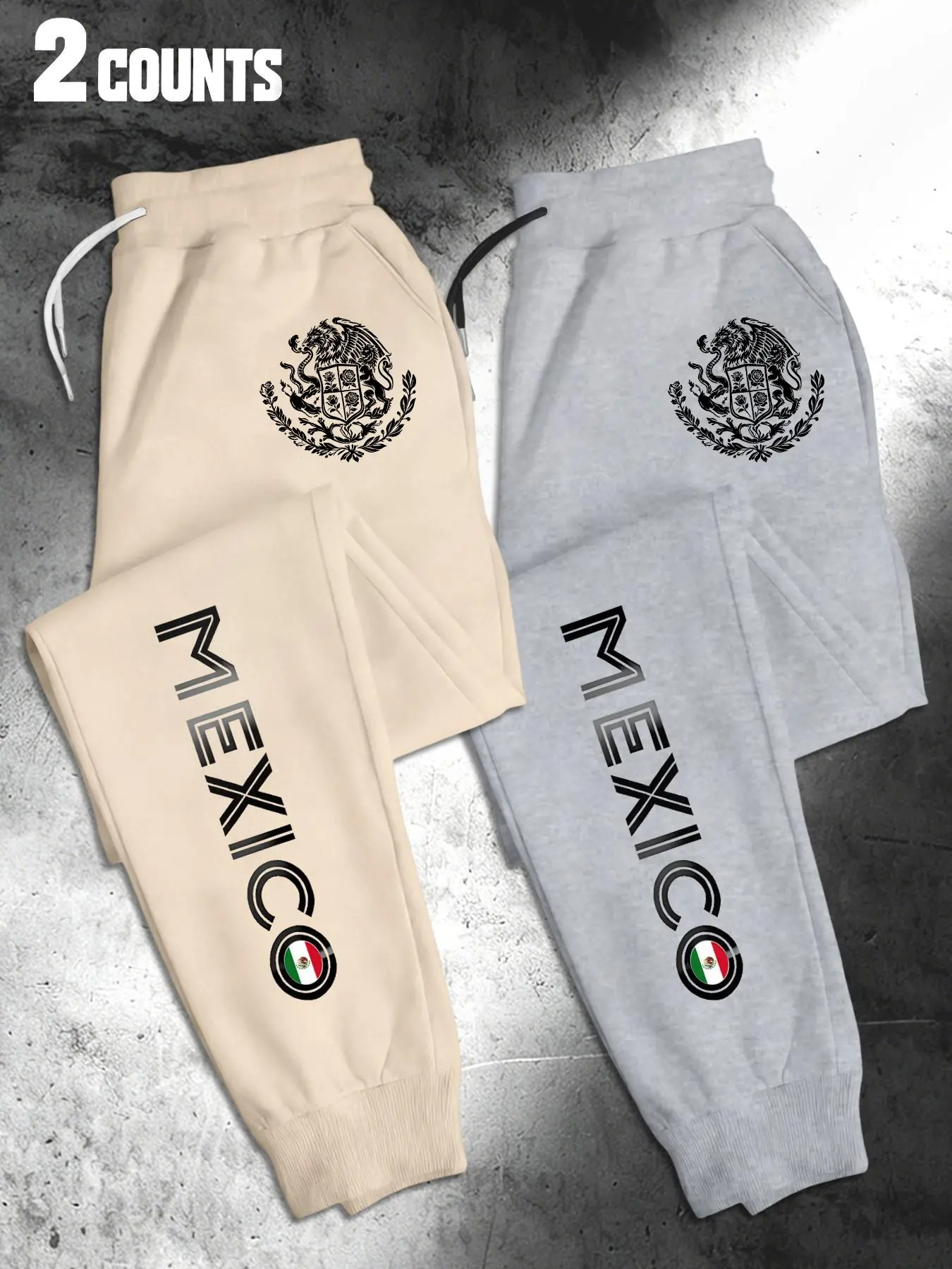 Mexican Fan Men's Sporty Long Pants 2-Pack, Athleisure Menswear, Athleisure Design, Drawstring Waist with Pockets, Loose Fit, Below Knee, All Seasons