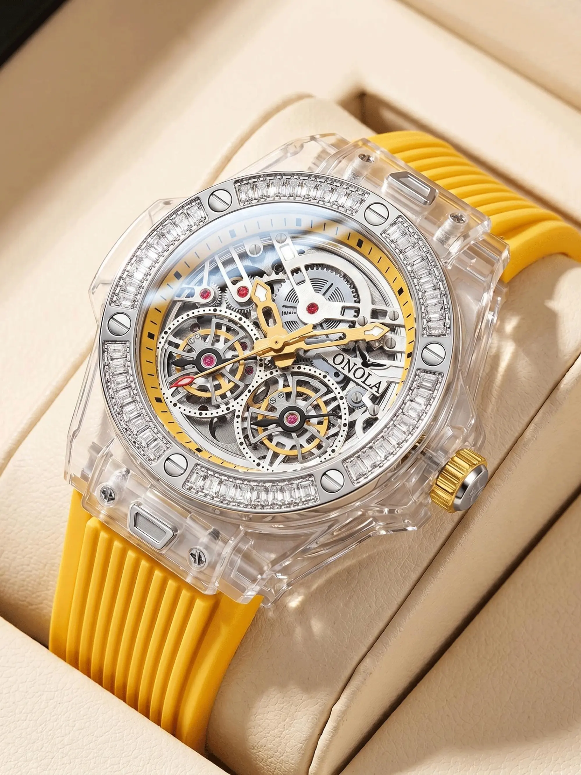 ONOLA Brand Men Mechanical Watch Men Double Flying Wheel Diamond Skeleton Automatic Watch Male Business Watch Luxury Fashion Trendy Mechanical Watch Sport Waterproof Gift Watch For Men