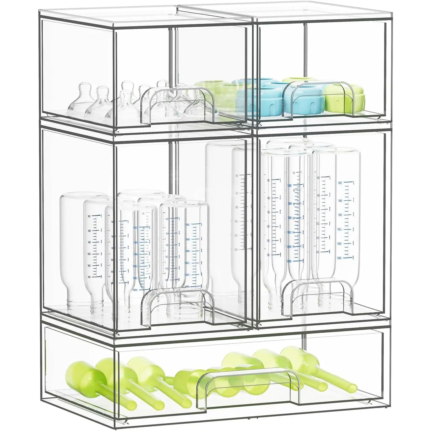 Bottle Storage Organizer Baby - Bottles Station Organizer Container, Stackable Clear Drawers for Countertop, Vanity, Bathroom, Cabinet, Pantry Organization, 5 Pack, 15.4" H