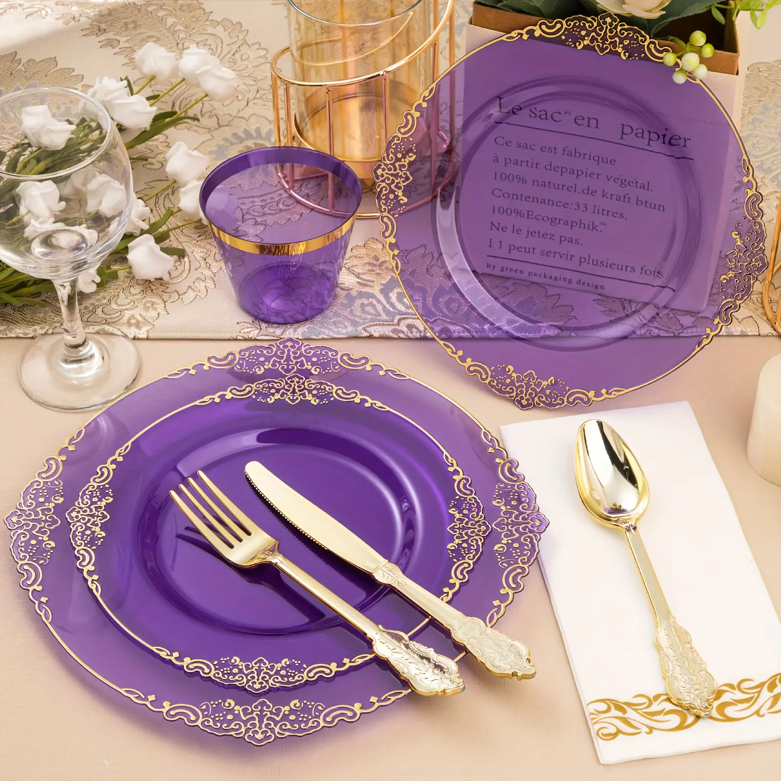 175 Pcs Clear Purple Plastic Disposable Dinnerware Set with Golden Trim for 25 Guests, Include 25 Dinner Plates 25 Dessert Plates 75 Gold Silverware 25 Cups 25 Napkins, Ideal for Wedding Party Events
