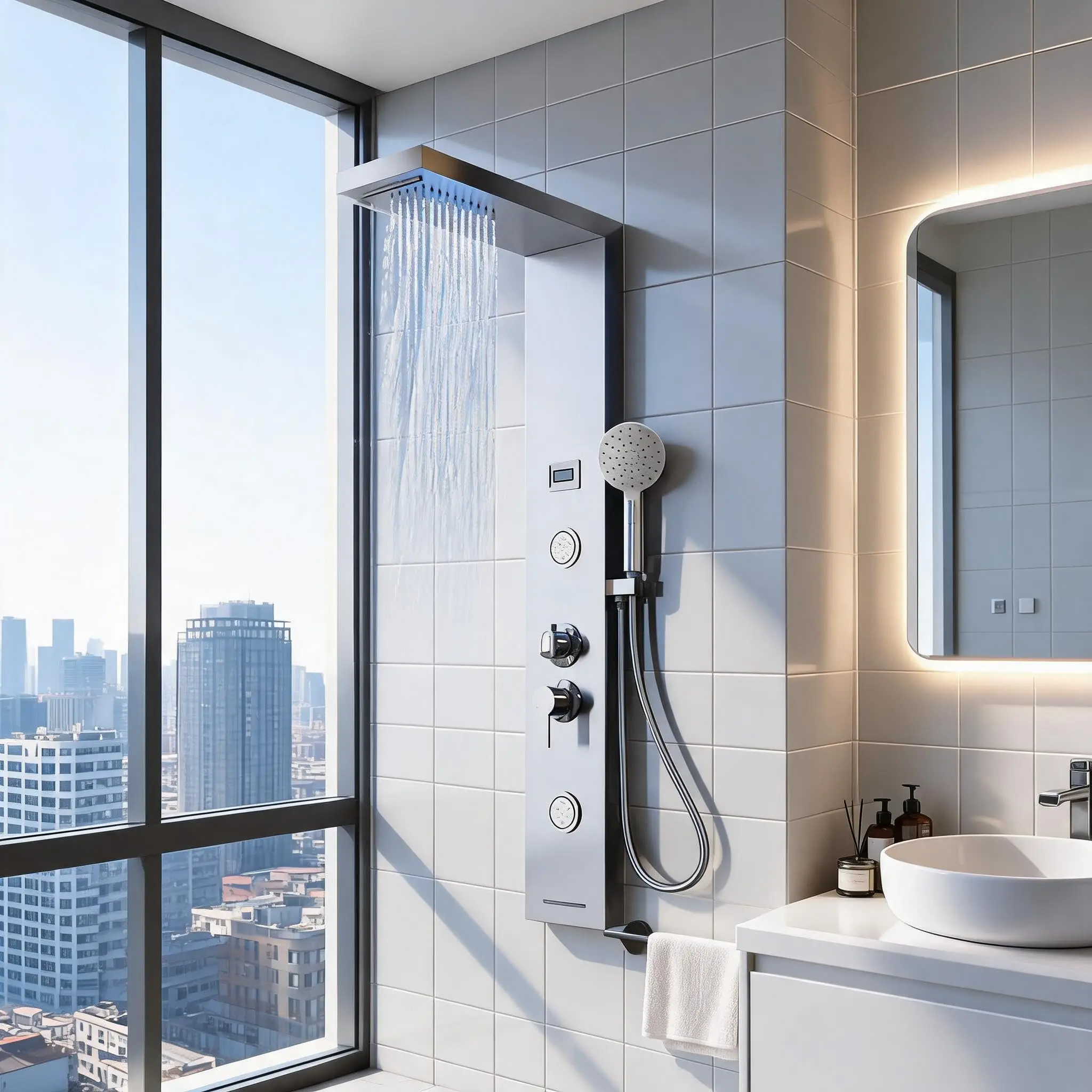Stainless Steel Shower Panel - Multifunction Tower with Rainfall, Waterfall, 2 Hydro Massage Jets, 3-Function Hand Shower, Bathtub Outlet - Brushed Nickel Finish Installation