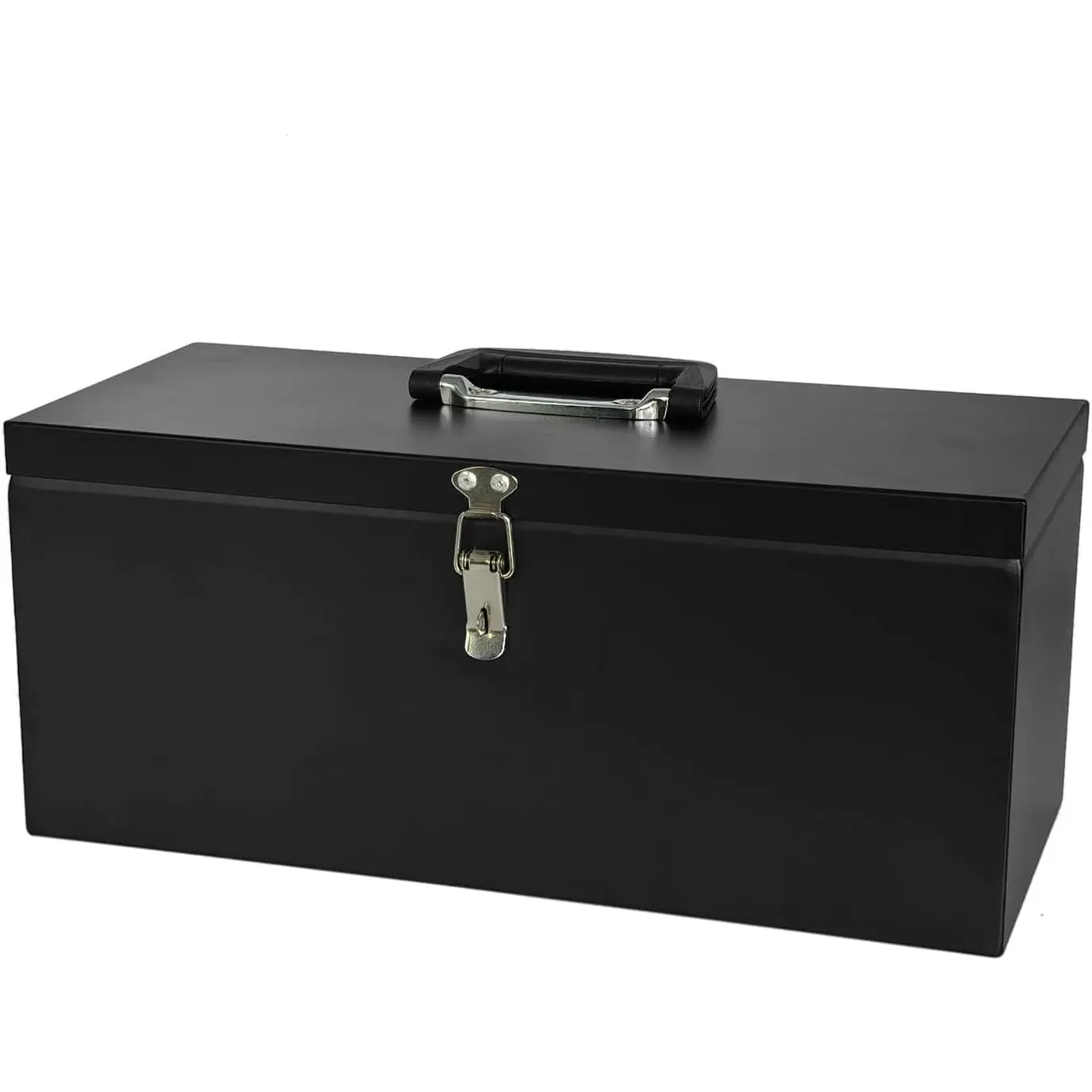 Small Steel Metal Tool Box, Lockable Storage Box for Storing Valuable Items, Office Documents, Garage Tools (16" Black)