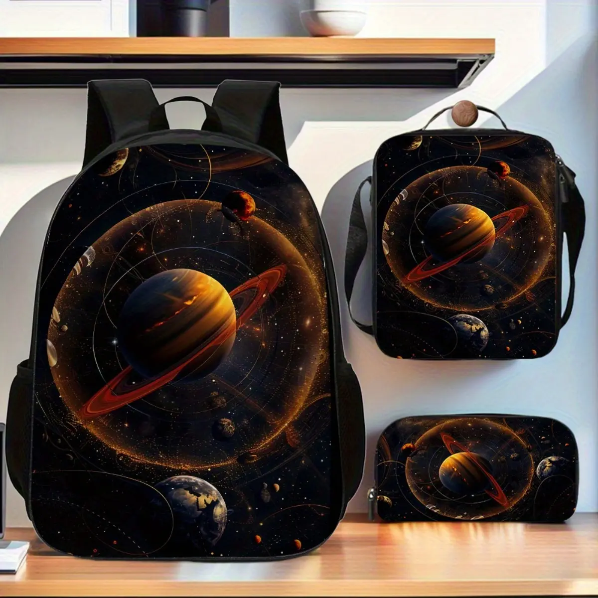 Solar system 3pcs/ set New high quality Backpack, Includes Large Capacity Casual Double Shoulder Backpack, Pencil Bag and Lunch Box, Perfect for School, Travel and Daily Use