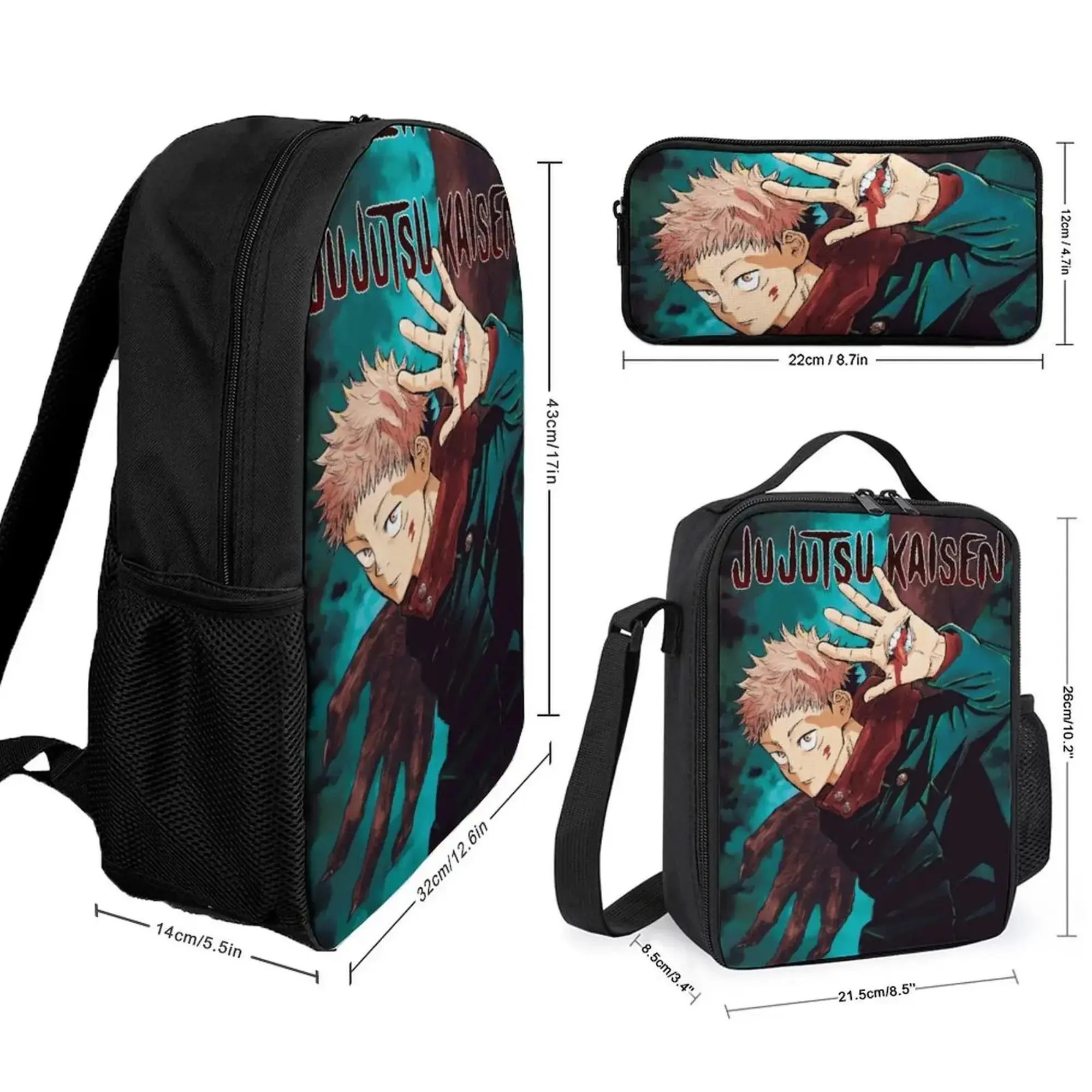 Jujutsu Anime Kaisen Yuji Itadori Backpack Set, 3 Piece Backpack Set With Lunch Box Pen Box , High Capacity Bookbag Lunch Bag Pencil Case Workplace Travel