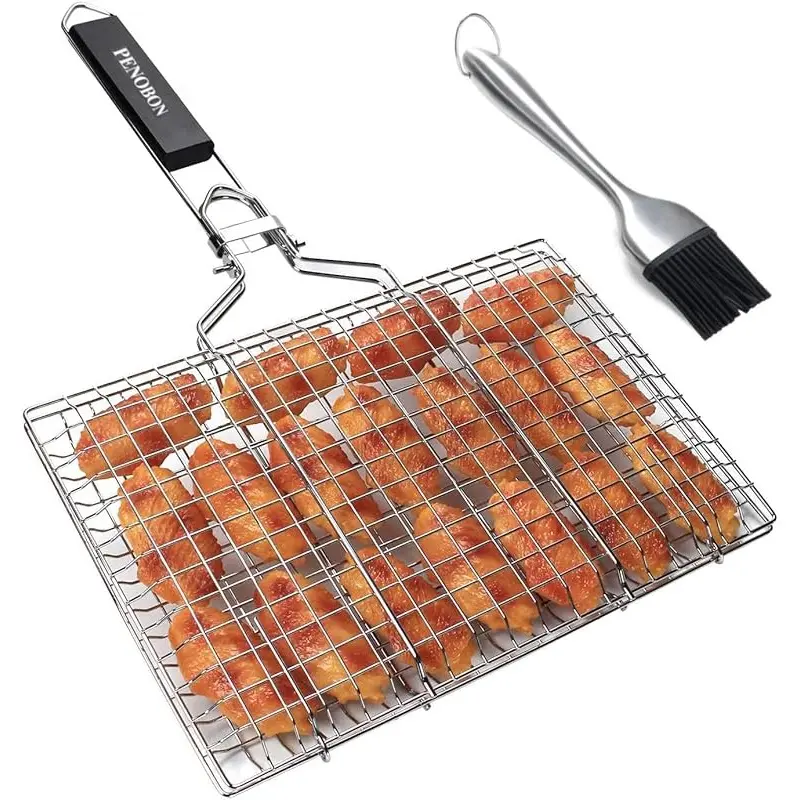 Foldable Portable Stainless Steel Fish& BBQ Grill Basket with Removable Handle, Basting Brush& Storage Bag- Heavy-Duty 403 Grade Grill for Shrimp, Vegetables, Seafood-/Outdoor Use For, Camping, Picnic, Backyard Cookouts