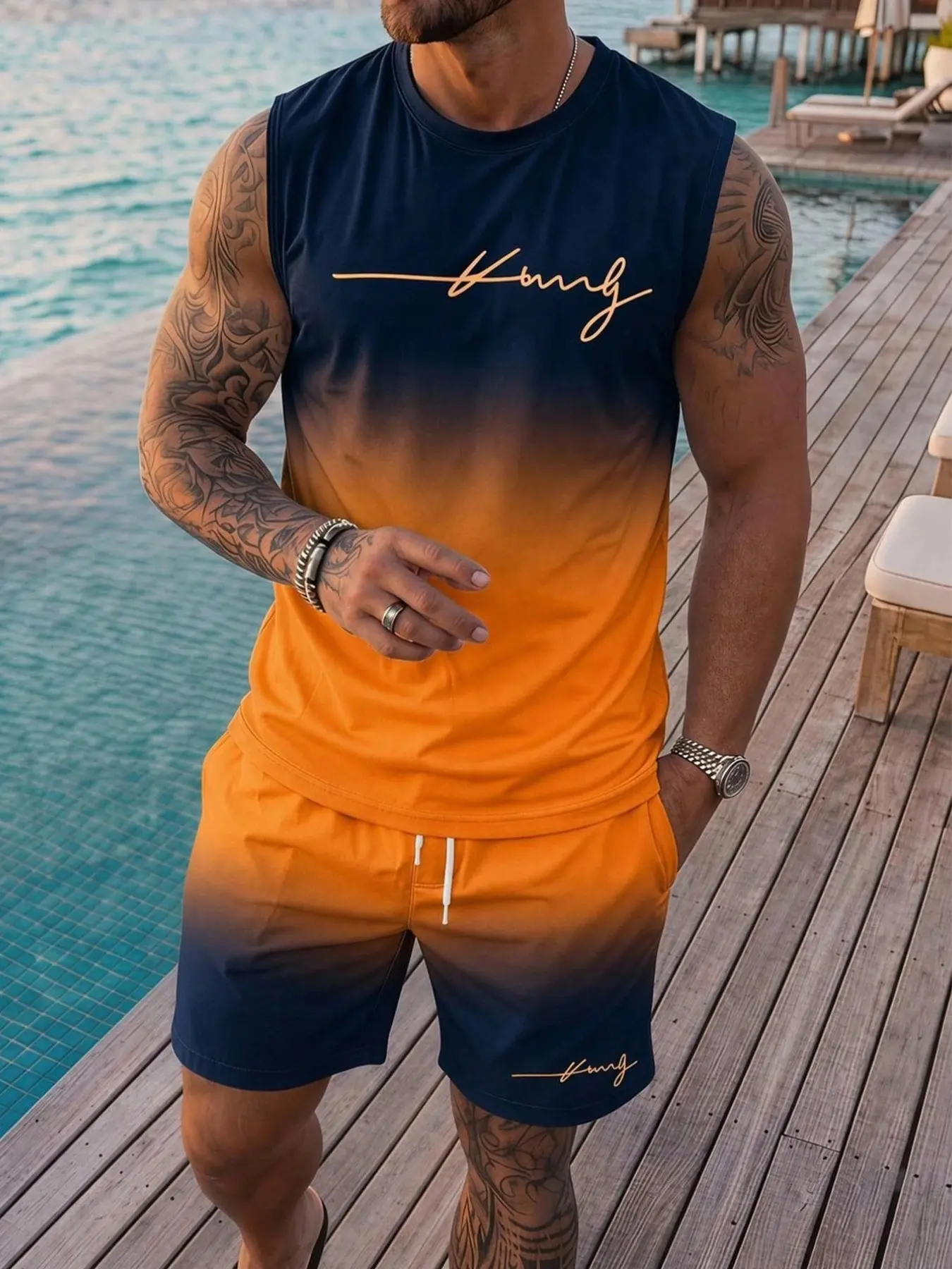 Men Gradient king Letter Print 2 Piece Outfit Sleeveless Tank Top Drawstring Shorts Summer Beach Casual Co Ord Set
