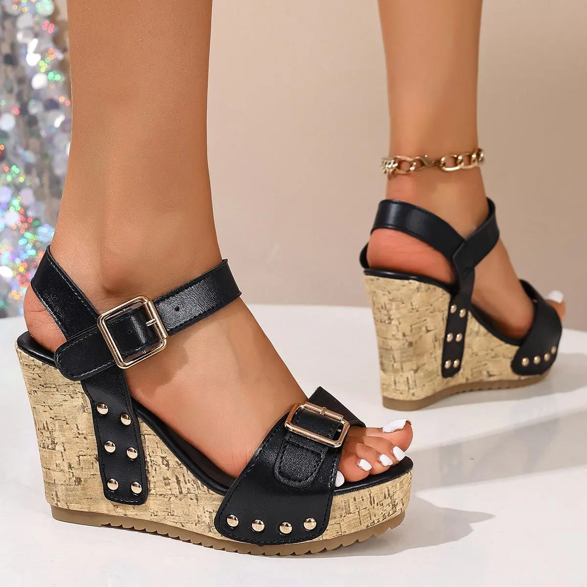 Women's Stylish Fashion Retro Studded Leather Platform Wedge High Heeled Sandals - Summer Bohemian Black Cork Heels, Ankle Buckle Strap, Gold Rivets, Casual Party Footwear,summerwins,summeroutfits,vacationoutfits,beachoutfits